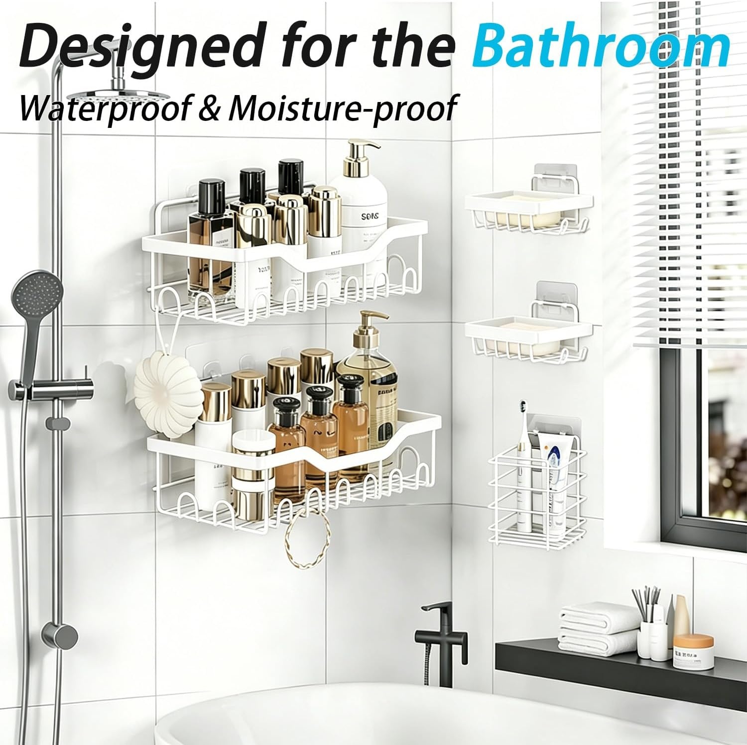 image:imageFammart Adhesive Shower Caddy 5Pack Rustproof Stainless Steel Bathroom Organizer with 28 Hooks NoDrill Large Capacity Shower Shelves for Bathroom Storage amp Home Dcor Black5Pack Stainless Steel White