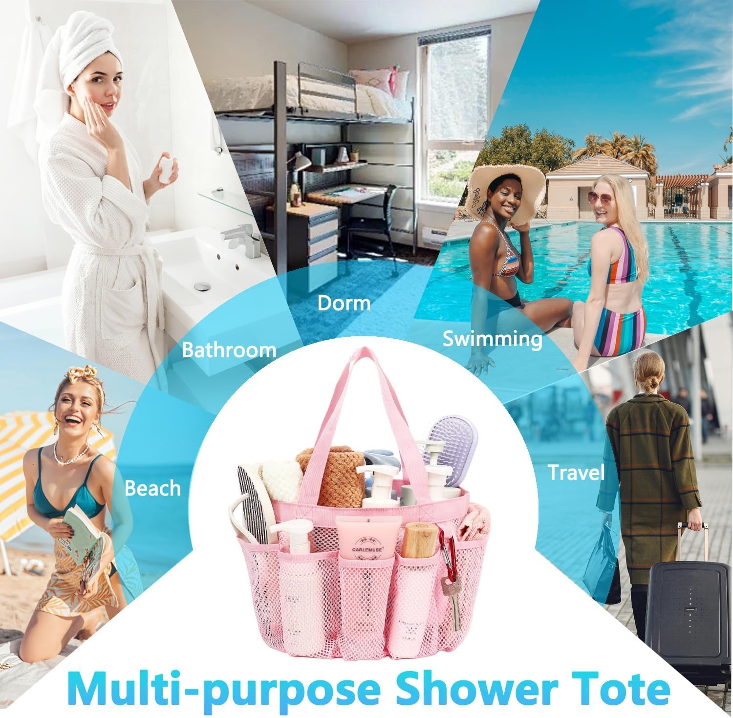 image:imageFammart Adhesive Shower Caddy 5Pack Rustproof Stainless Steel Bathroom Organizer with 28 Hooks NoDrill Large Capacity Shower Shelves for Bathroom Storage amp Home Dcor BlackMultiple Pockets Pink