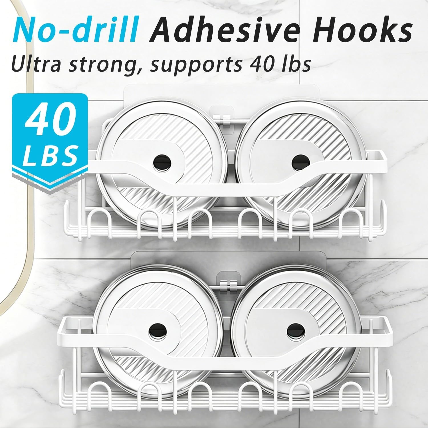image:imageFammart Adhesive Shower Caddy 5Pack Rustproof Stainless Steel Bathroom Organizer with 28 Hooks NoDrill Large Capacity Shower Shelves for Bathroom Storage amp Home Dcor Black5Pack Stainless Steel White