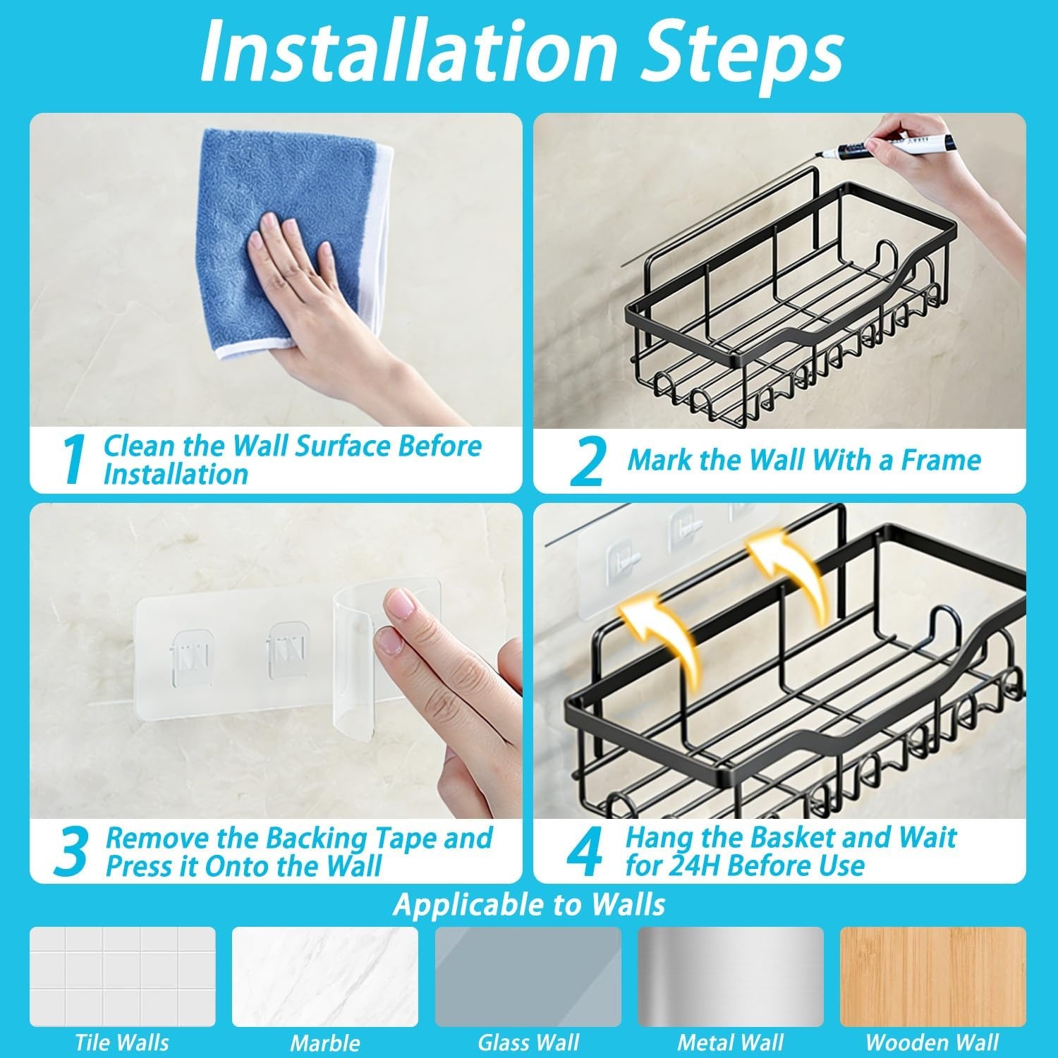 image:imageFammart Adhesive Shower Caddy 5Pack Rustproof Stainless Steel Bathroom Organizer with 28 Hooks NoDrill Large Capacity Shower Shelves for Bathroom Storage amp Home Dcor Black5Pack Stainless Steel Black