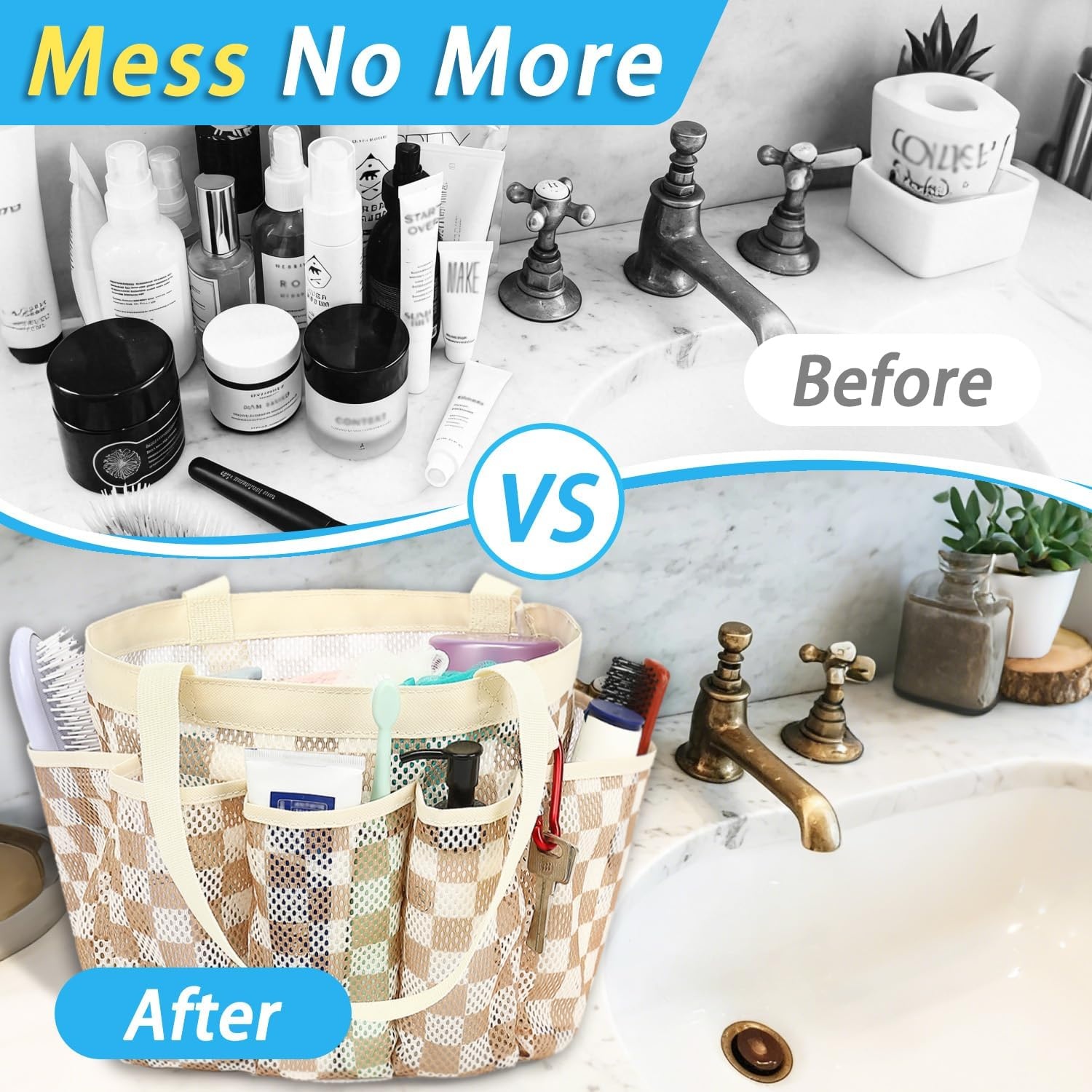 image:imageFammart Adhesive Shower Caddy 5Pack Rustproof Stainless Steel Bathroom Organizer with 28 Hooks NoDrill Large Capacity Shower Shelves for Bathroom Storage amp Home Dcor BlackMultiple Pockets Khaki Checkered