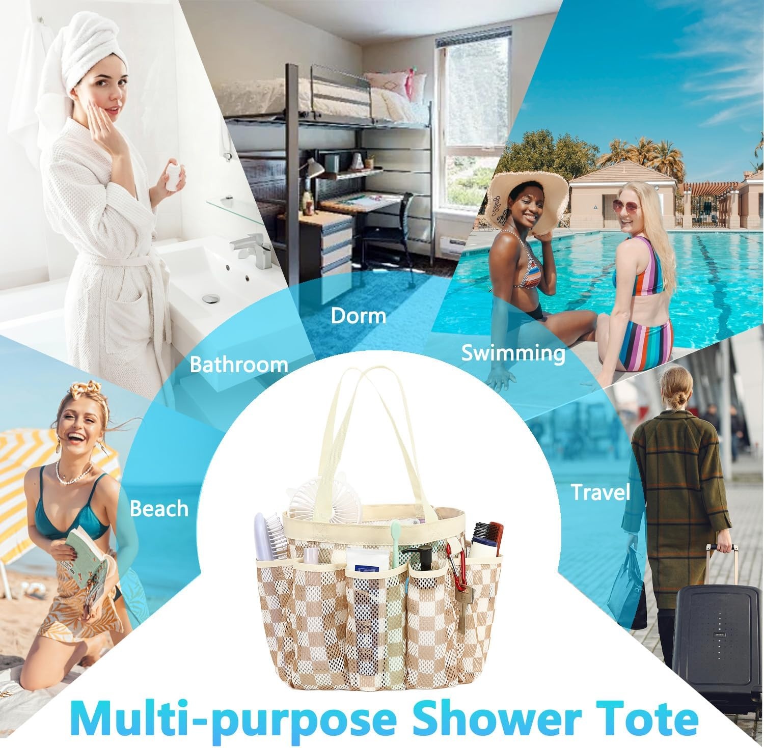 image:imageFammart Adhesive Shower Caddy 5Pack Rustproof Stainless Steel Bathroom Organizer with 28 Hooks NoDrill Large Capacity Shower Shelves for Bathroom Storage amp Home Dcor BlackMultiple Pockets Khaki Checkered