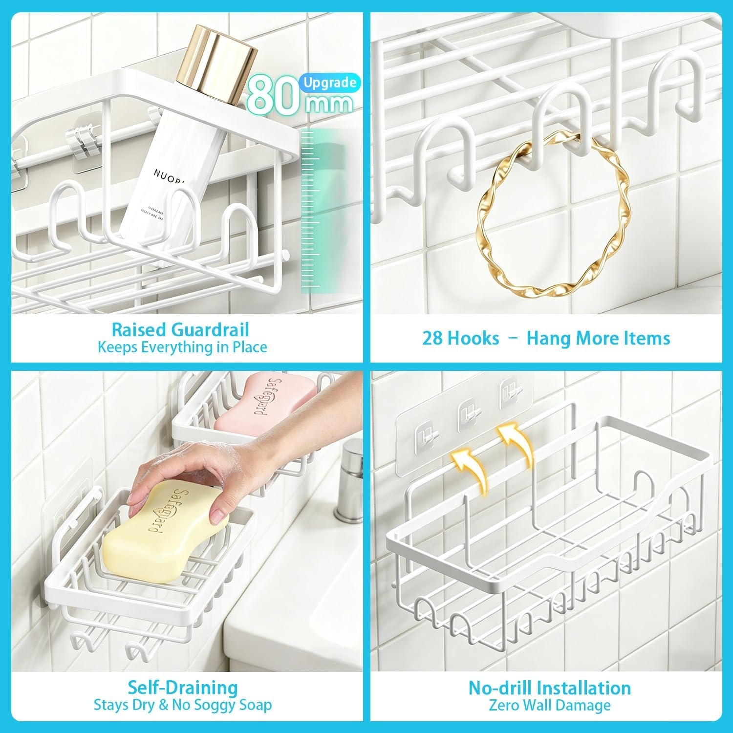 image:imageFammart Adhesive Shower Caddy 5Pack Rustproof Stainless Steel Bathroom Organizer with 28 Hooks NoDrill Large Capacity Shower Shelves for Bathroom Storage amp Home Dcor Black5Pack Stainless Steel White