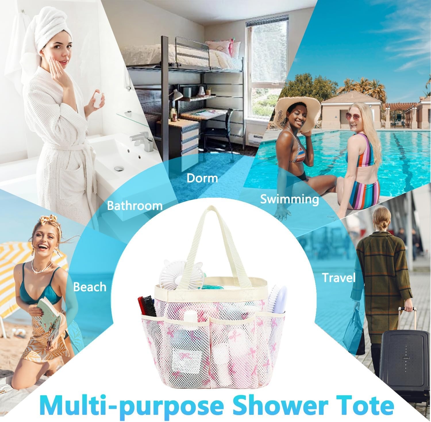 image:imageFammart Adhesive Shower Caddy 5Pack Rustproof Stainless Steel Bathroom Organizer with 28 Hooks NoDrill Large Capacity Shower Shelves for Bathroom Storage amp Home Dcor BlackMultiple Pockets Pink Butterfly