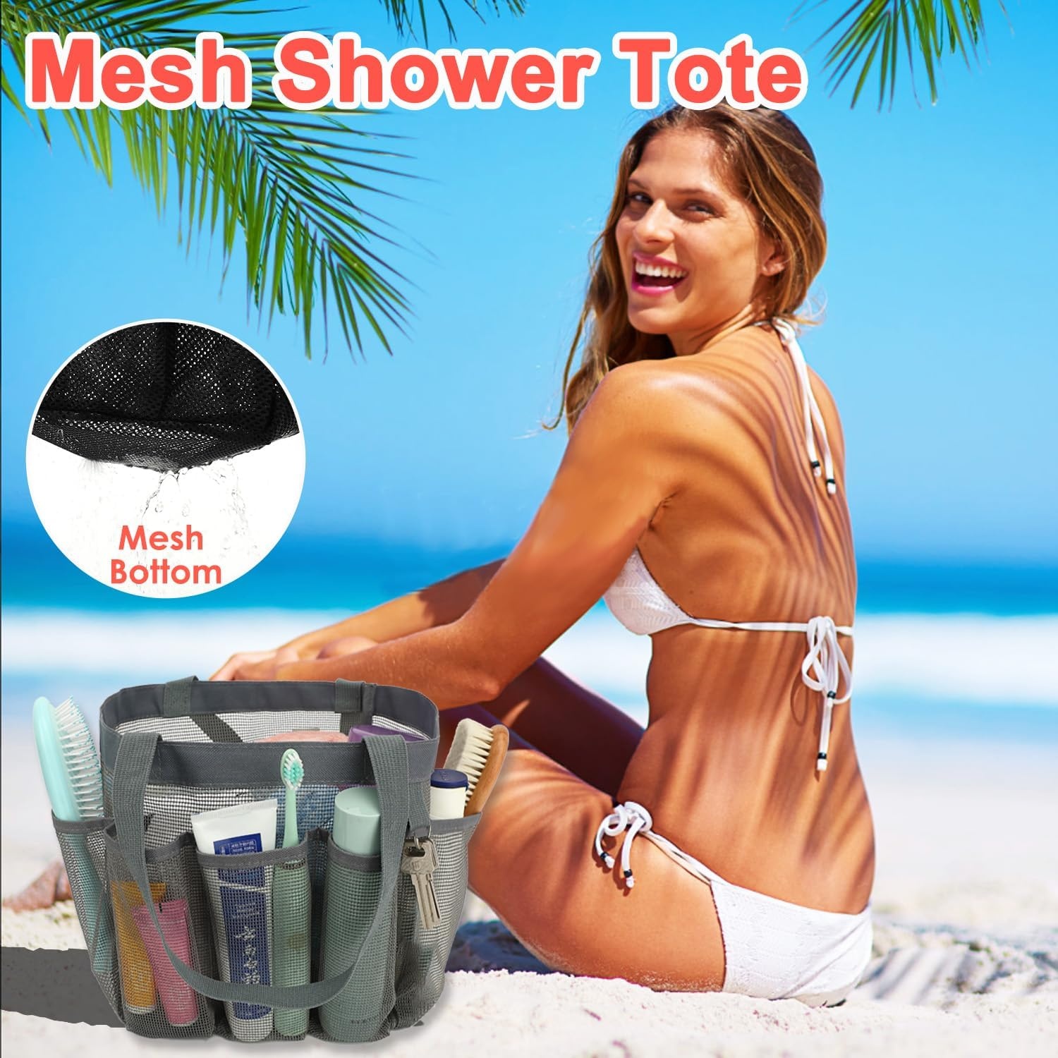 image:imageFammart Mesh Shower Caddy Portable for College Dorm Room Essentials Odorless Polyester Large Shower Tote Bag with Dual Handles 8Pocket QuickDry Toiletry Organizer for Travel Beach Camping GymMultiple Pockets Grey