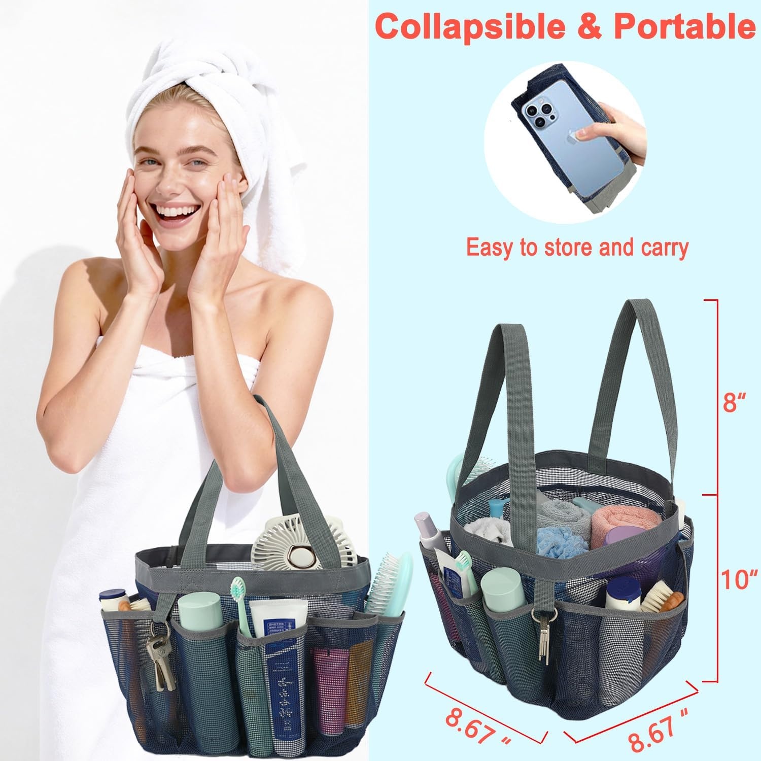 image:imageFammart Mesh Shower Caddy Portable for College Dorm Room Essentials Odorless Polyester Large Shower Tote Bag with Dual Handles 8Pocket QuickDry Toiletry Organizer for Travel Beach Camping GymMultiple Pockets Cyan
