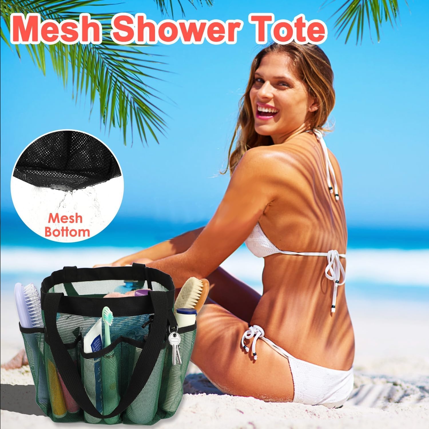 image:imageFammart Mesh Shower Caddy Portable for College Dorm Room Essentials Odorless Polyester Large Shower Tote Bag with Dual Handles 8Pocket QuickDry Toiletry Organizer for Travel Beach Camping GymMultiple Pockets Green