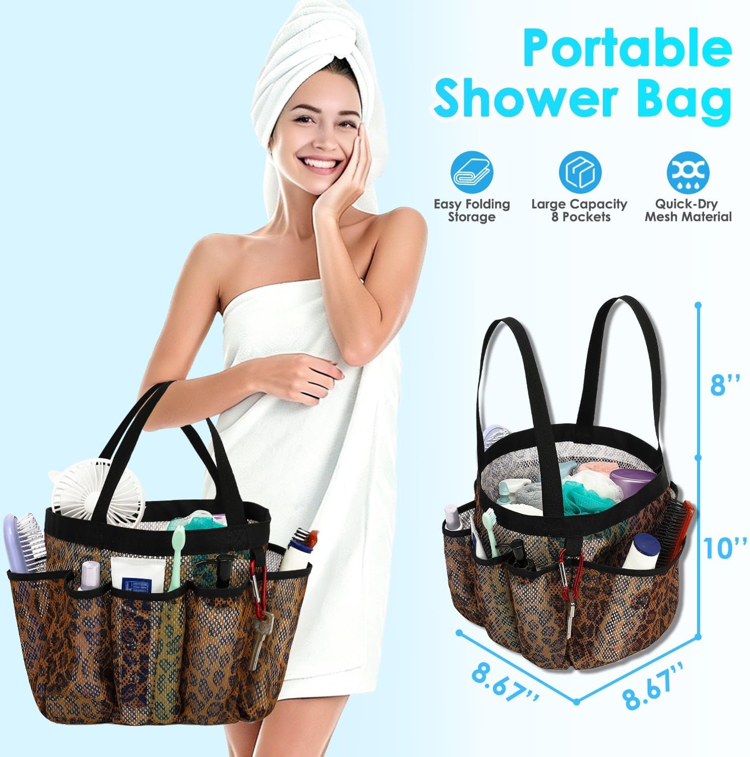 image:imageFammart Mesh Shower Caddy Portable for College Dorm Room Essentials Odorless Polyester Large Shower Tote Bag with Dual Handles 8Pocket QuickDry Toiletry Organizer for Travel Beach Camping GymMultiple Pockets Leopard