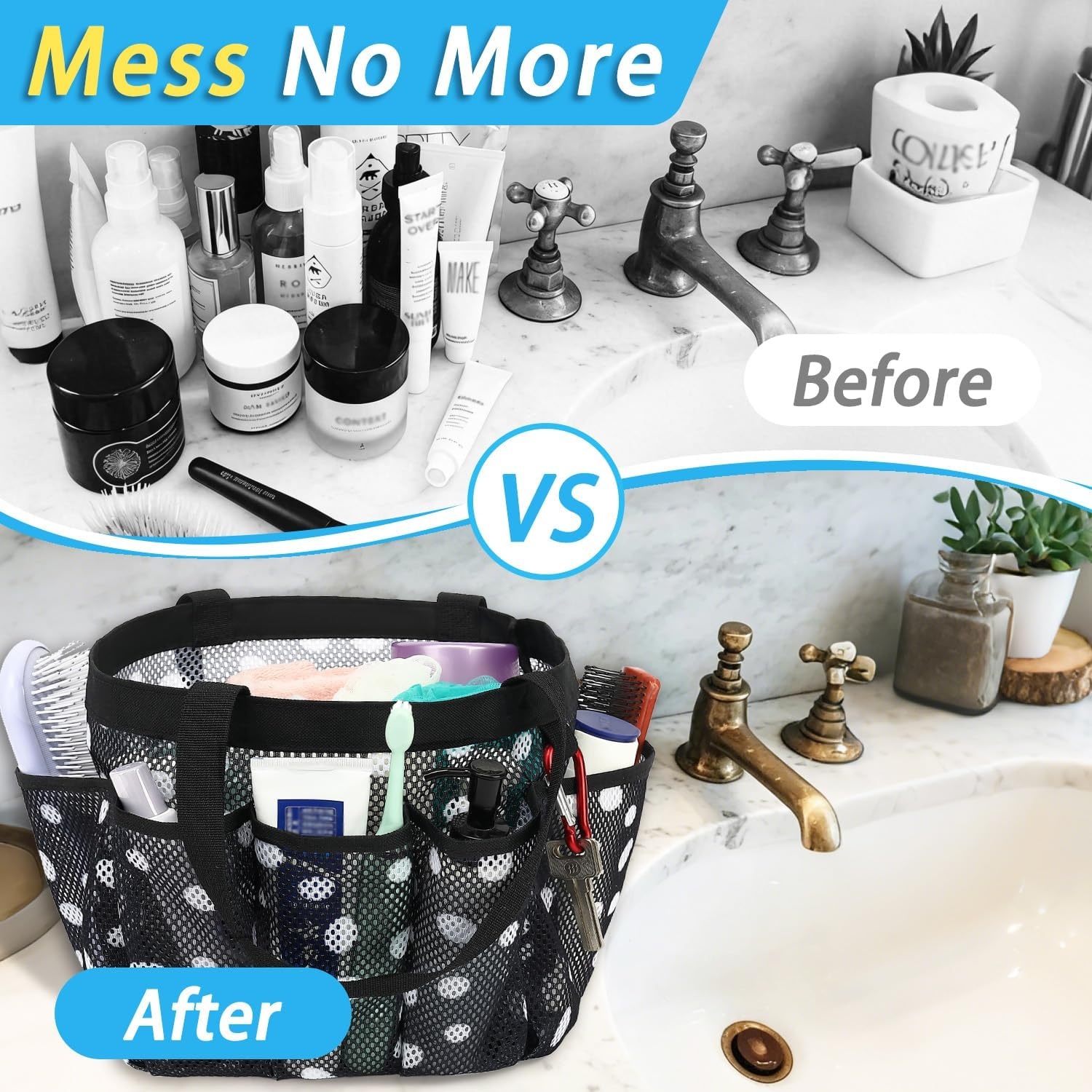 image:imageFammart Mesh Shower Caddy Portable for College Dorm Room Essentials Odorless Polyester Large Shower Tote Bag with Dual Handles 8Pocket QuickDry Toiletry Organizer for Travel Beach Camping GymMultiple Pockets Polka Dots