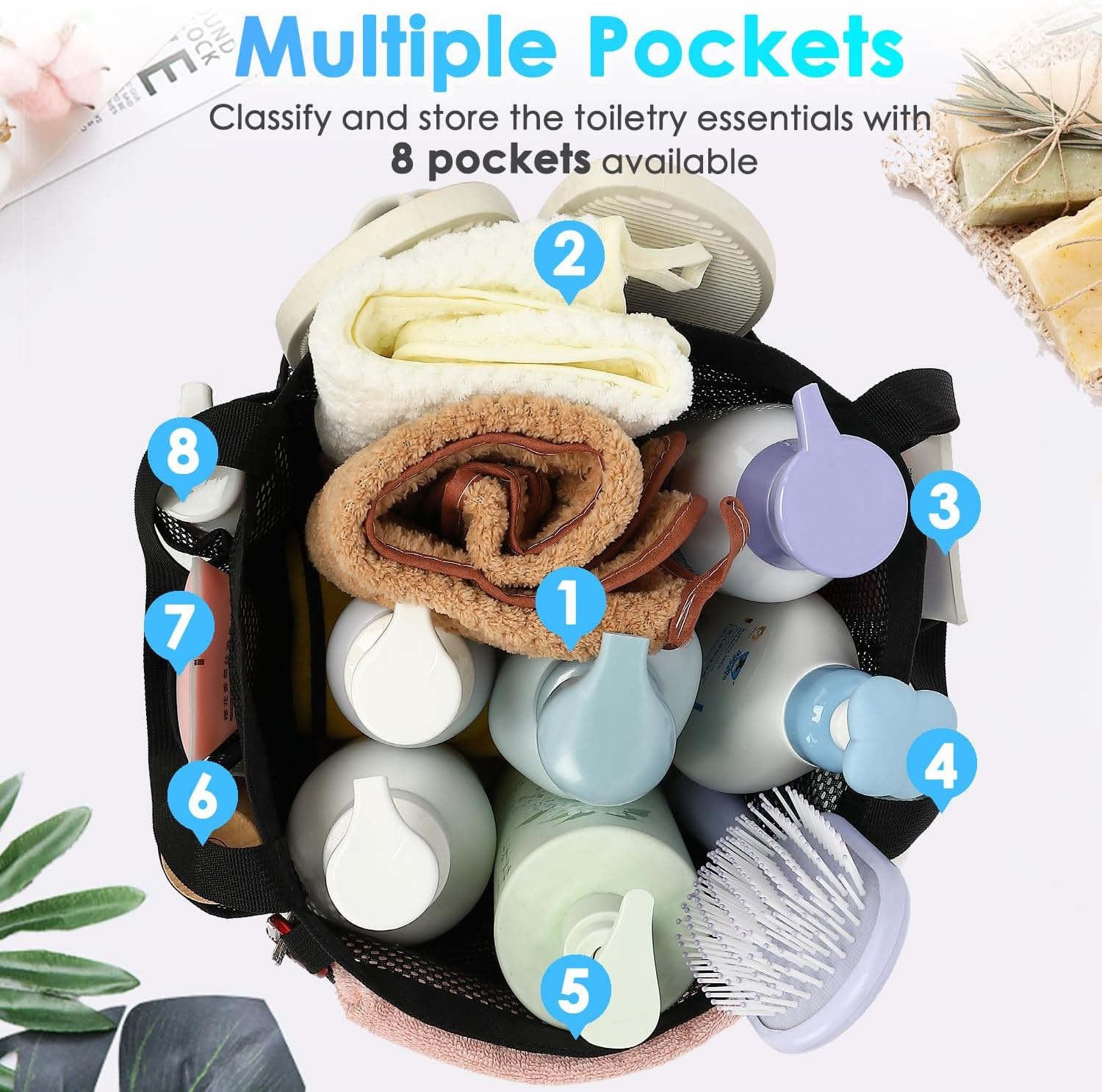 image:imageFammart Mesh Shower Caddy Portable for College Dorm Room Essentials Odorless Polyester Large Shower Tote Bag with Dual Handles 8Pocket QuickDry Toiletry Organizer for Travel Beach Camping GymMultiple Pockets Dark Black