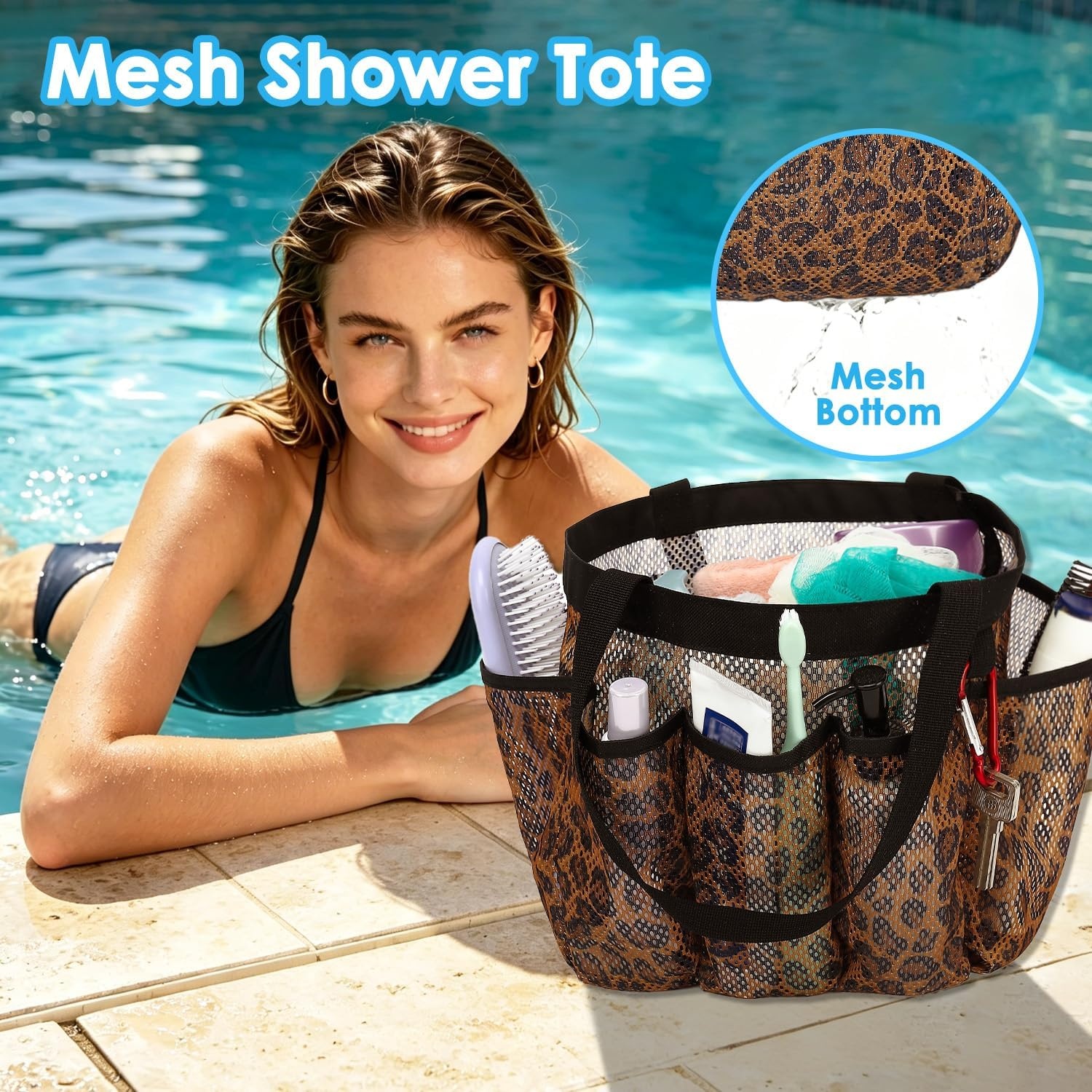 image:imageFammart Mesh Shower Caddy Portable for College Dorm Room Essentials Odorless Polyester Large Shower Tote Bag with Dual Handles 8Pocket QuickDry Toiletry Organizer for Travel Beach Camping GymMultiple Pockets Leopard