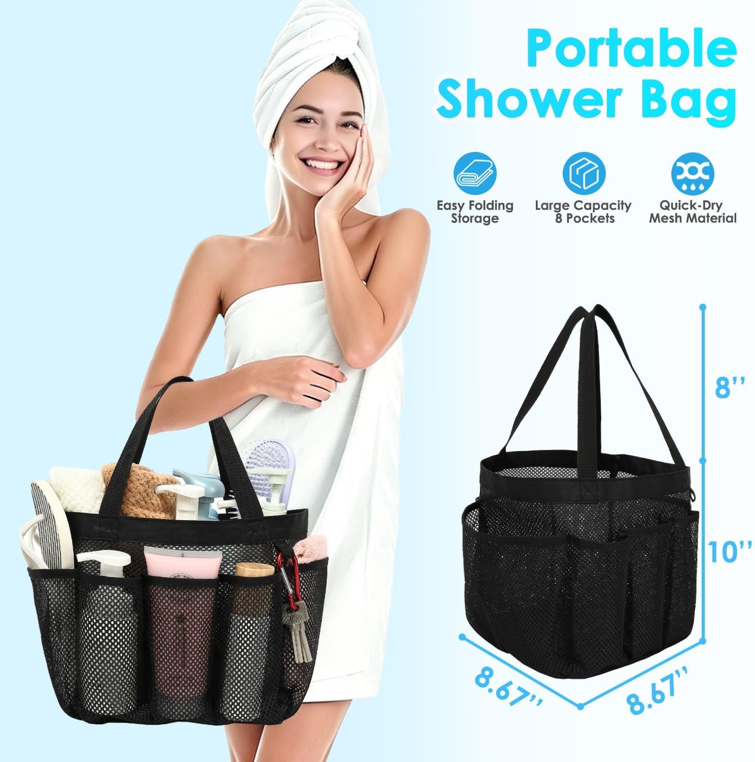 image:imageFammart Mesh Shower Caddy Portable for College Dorm Room Essentials Odorless Polyester Large Shower Tote Bag with Dual Handles 8Pocket QuickDry Toiletry Organizer for Travel Beach Camping GymMultiple Pockets Dark Black