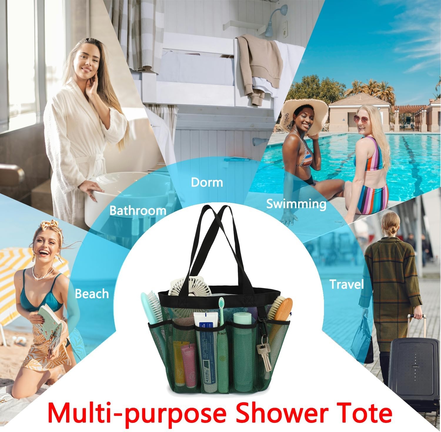 image:imageFammart Mesh Shower Caddy Portable for College Dorm Room Essentials Odorless Polyester Large Shower Tote Bag with Dual Handles 8Pocket QuickDry Toiletry Organizer for Travel Beach Camping GymMultiple Pockets Green