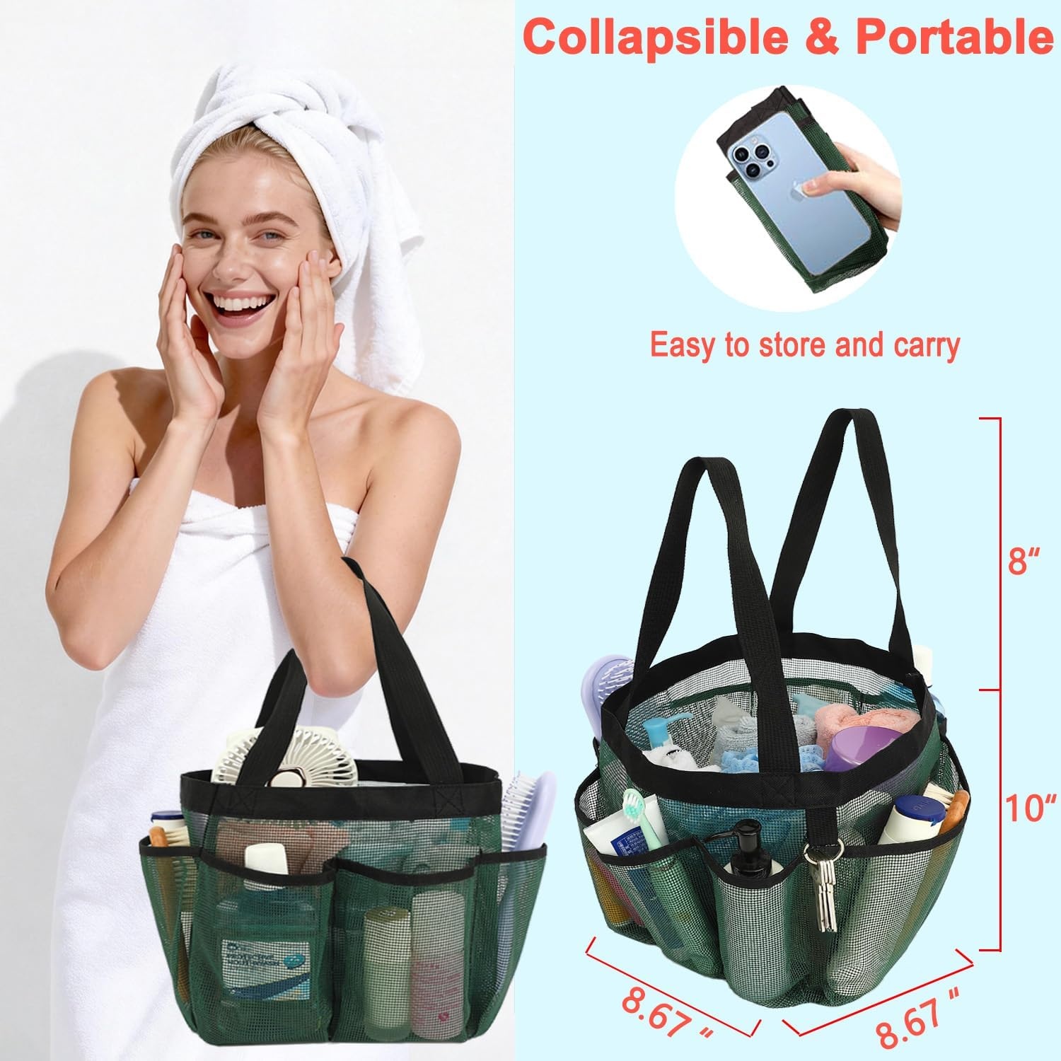 image:imageFammart Mesh Shower Caddy Portable for College Dorm Room Essentials Odorless Polyester Large Shower Tote Bag with Dual Handles 8Pocket QuickDry Toiletry Organizer for Travel Beach Camping GymMultiple Pockets Green