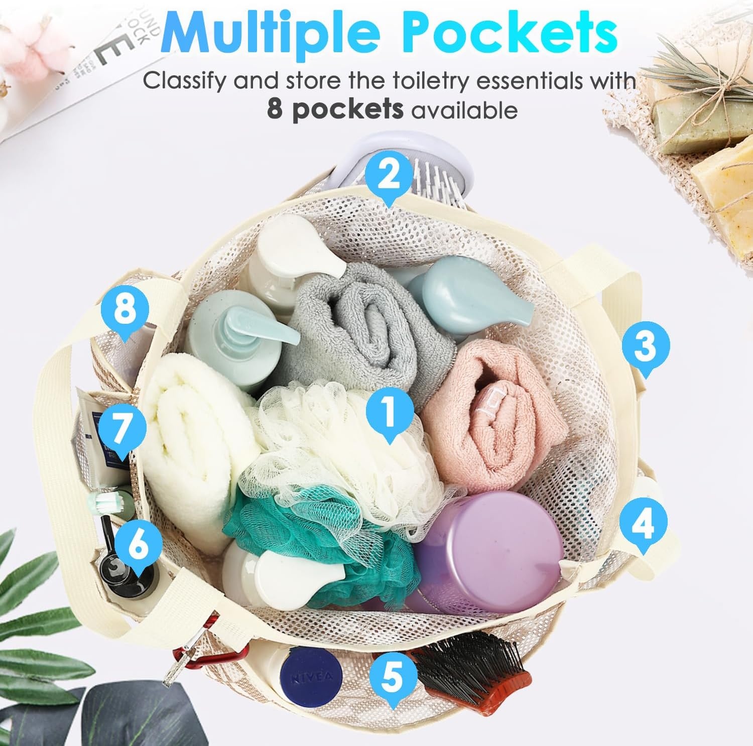 image:imageFammart Mesh Shower Caddy Portable for College Dorm Room Essentials Odorless Polyester Large Shower Tote Bag with Dual Handles 8Pocket QuickDry Toiletry Organizer for Travel Beach Camping GymMultiple Pockets Khaki Checkered