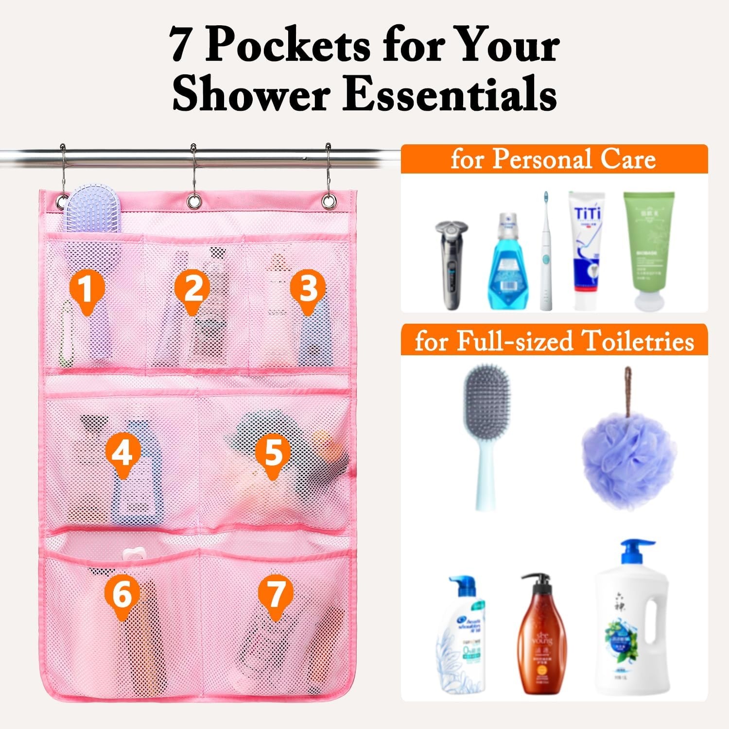 image:imageFammart Mesh Shower Caddy Portable for College Dorm Room Essentials Odorless Polyester Large Shower Tote Bag with Dual Handles 8Pocket QuickDry Toiletry Organizer for Travel Beach Camping GymHanging Type 1 Pack Pink