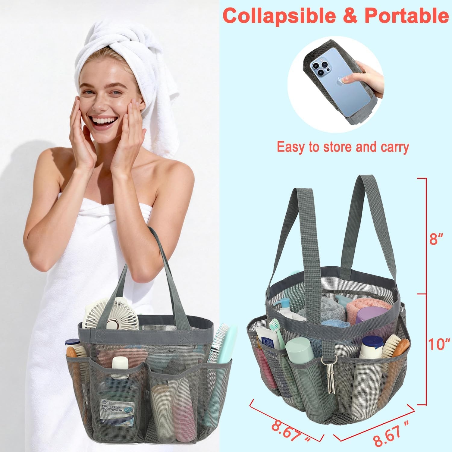 image:imageFammart Mesh Shower Caddy Portable for College Dorm Room Essentials Odorless Polyester Large Shower Tote Bag with Dual Handles 8Pocket QuickDry Toiletry Organizer for Travel Beach Camping GymMultiple Pockets Grey