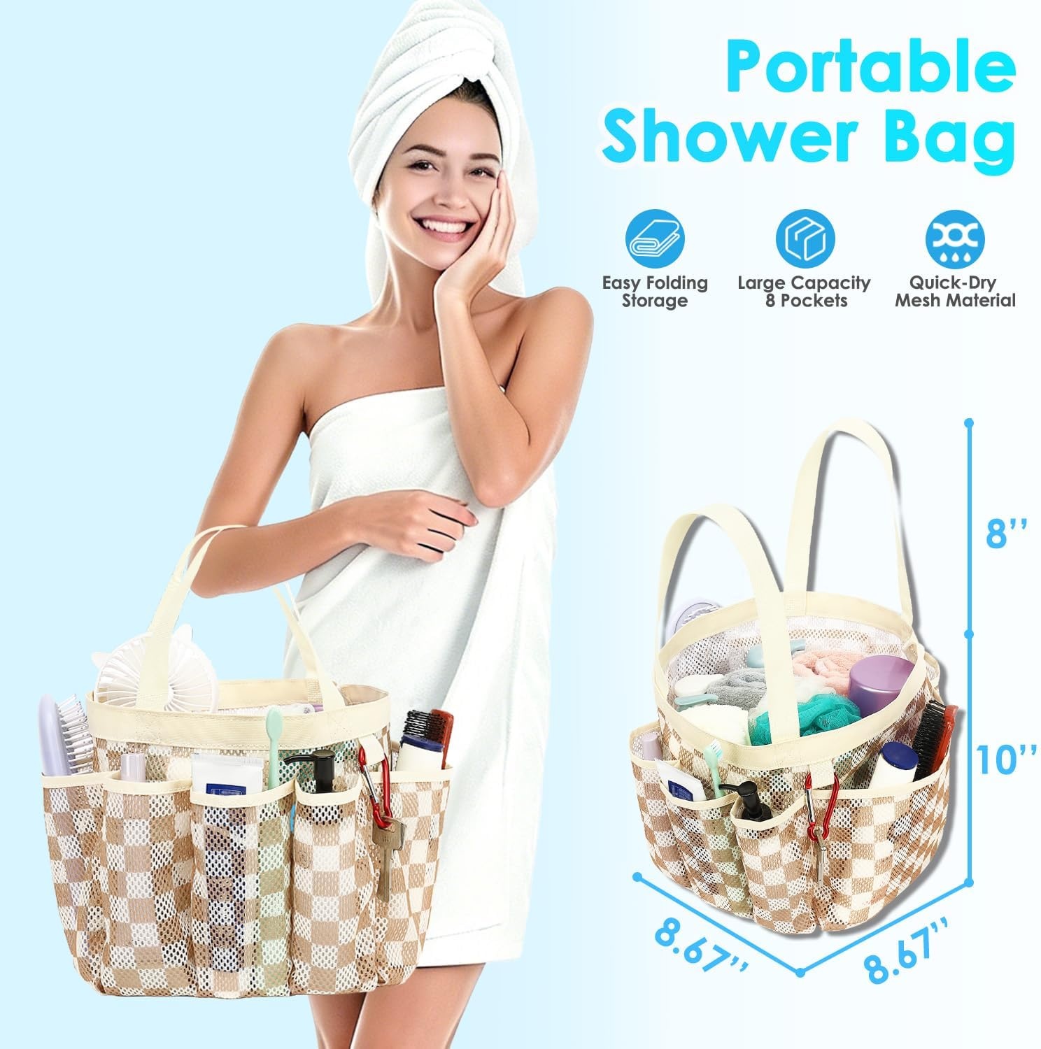 image:imageFammart Mesh Shower Caddy Portable for College Dorm Room Essentials Odorless Polyester Large Shower Tote Bag with Dual Handles 8Pocket QuickDry Toiletry Organizer for Travel Beach Camping GymMultiple Pockets Khaki Checkered