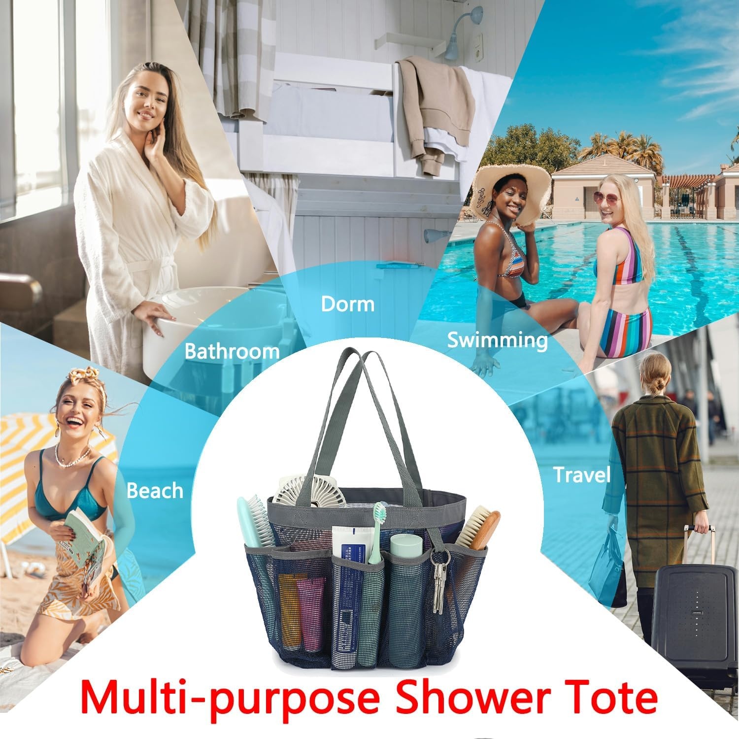 image:imageFammart Mesh Shower Caddy Portable for College Dorm Room Essentials Odorless Polyester Large Shower Tote Bag with Dual Handles 8Pocket QuickDry Toiletry Organizer for Travel Beach Camping GymMultiple Pockets Cyan