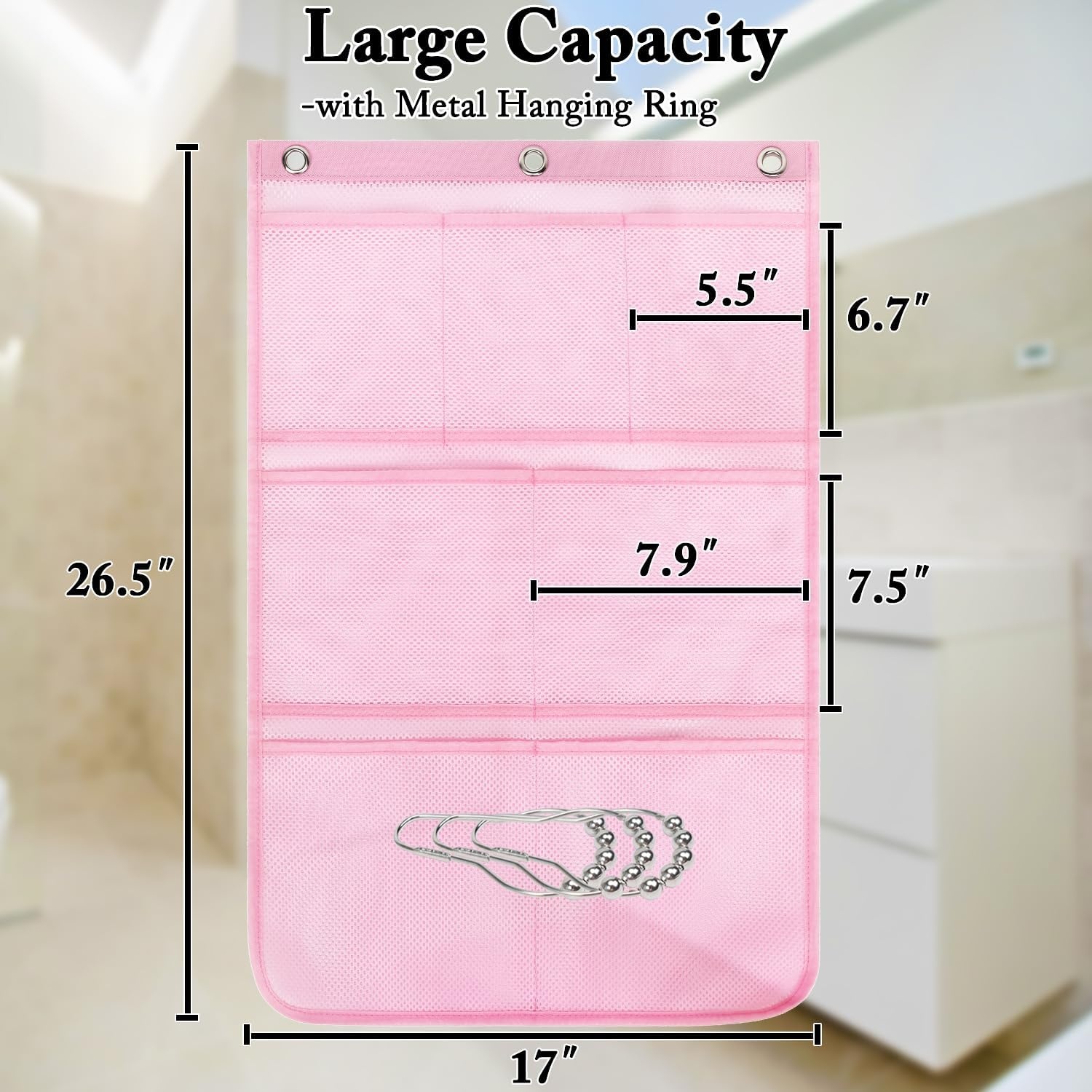 image:imageFammart Mesh Shower Caddy Portable for College Dorm Room Essentials Odorless Polyester Large Shower Tote Bag with Dual Handles 8Pocket QuickDry Toiletry Organizer for Travel Beach Camping GymHanging Type 1 Pack Pink