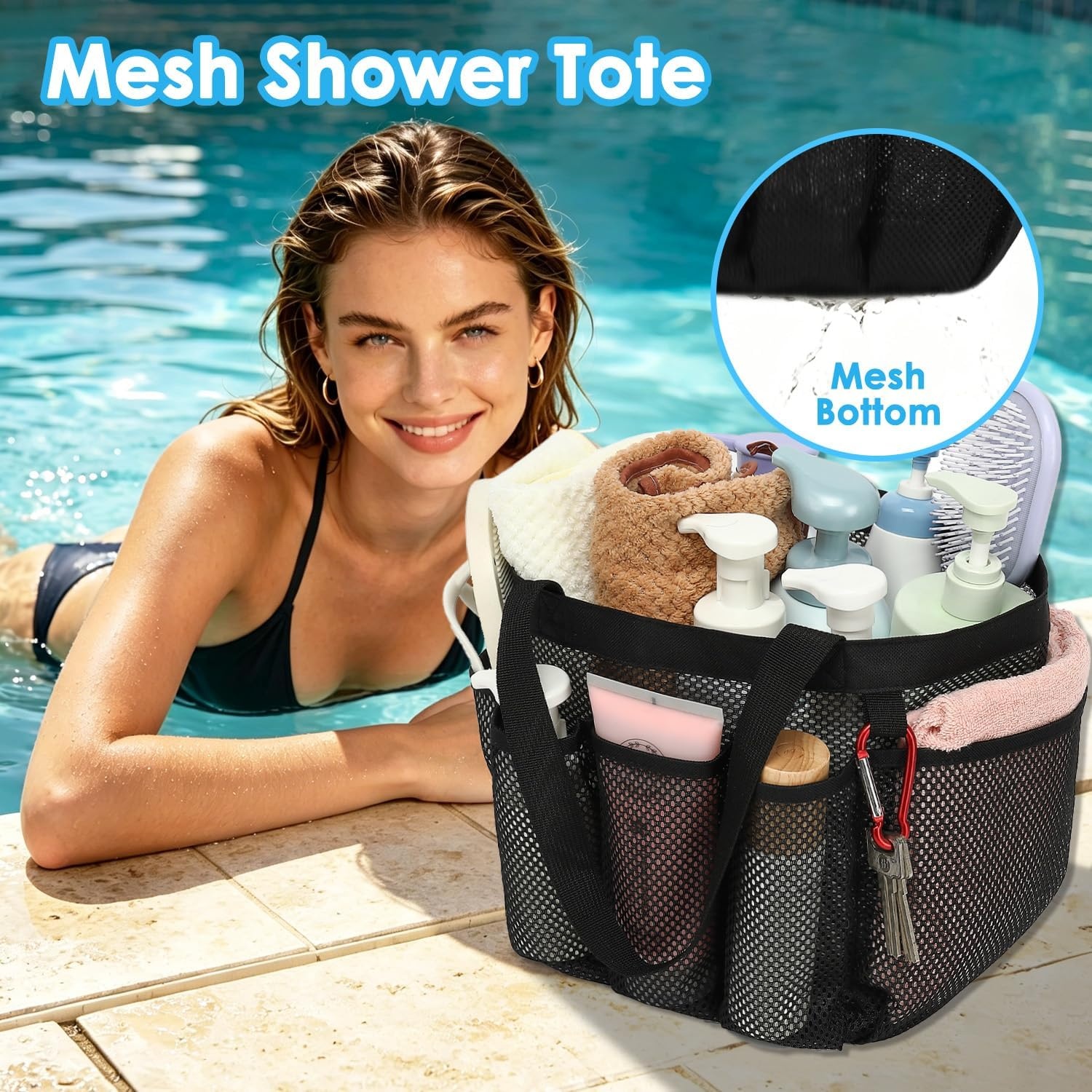 image:imageFammart Mesh Shower Caddy Portable for College Dorm Room Essentials Odorless Polyester Large Shower Tote Bag with Dual Handles 8Pocket QuickDry Toiletry Organizer for Travel Beach Camping GymMultiple Pockets Dark Black