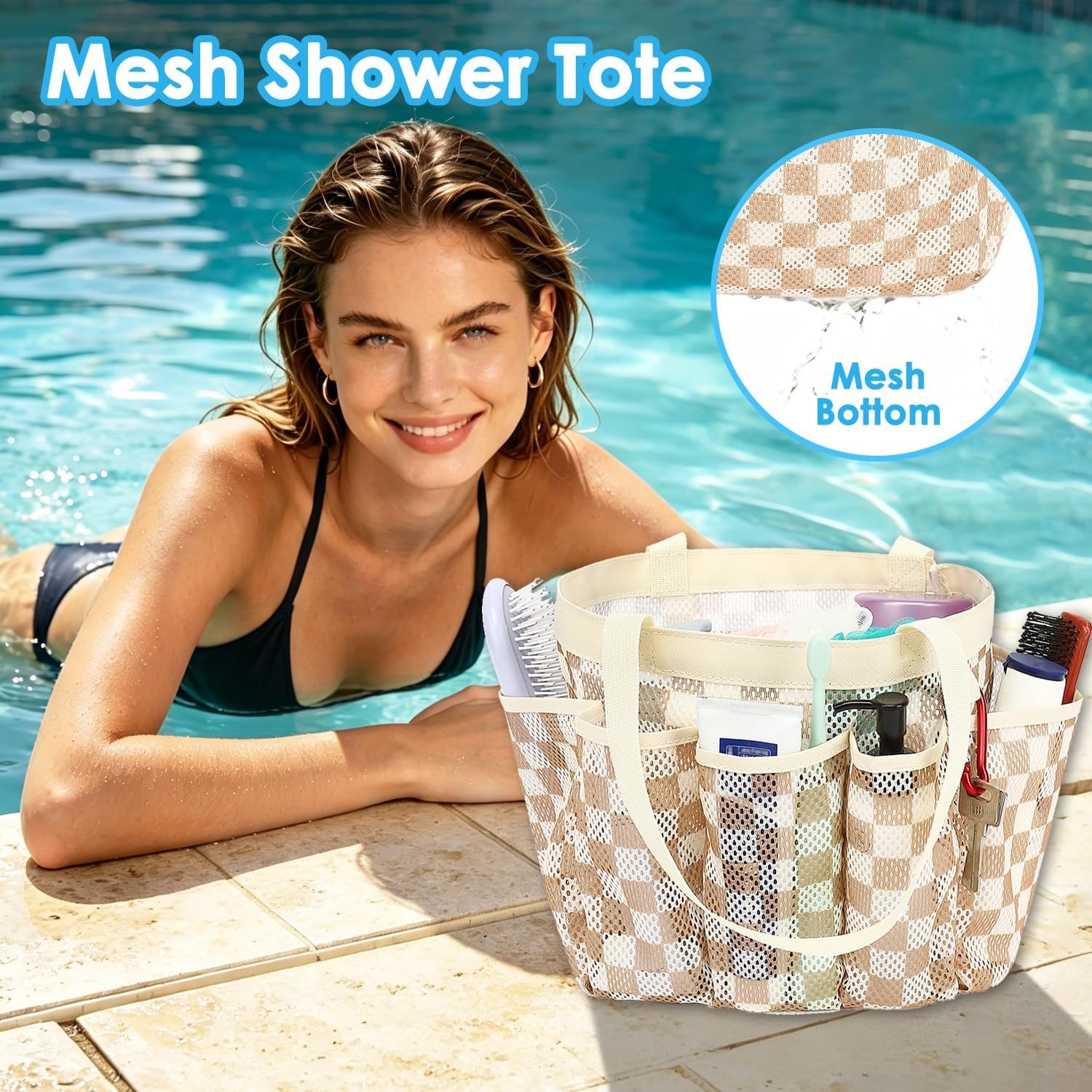 image:imageFammart Mesh Shower Caddy Portable for College Dorm Room Essentials Odorless Polyester Large Shower Tote Bag with Dual Handles 8Pocket QuickDry Toiletry Organizer for Travel Beach Camping GymMultiple Pockets Khaki Checkered