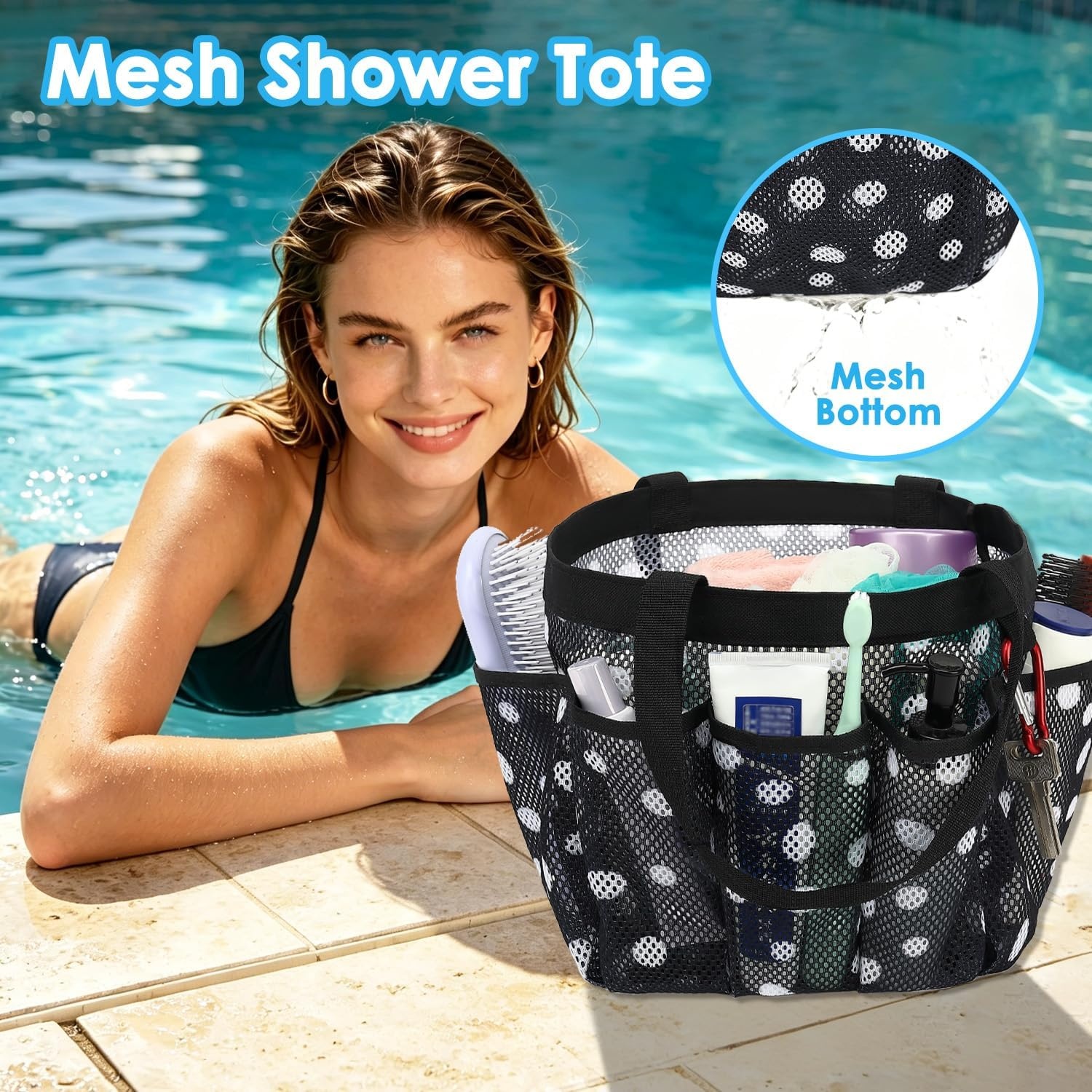 image:imageFammart Mesh Shower Caddy Portable for College Dorm Room Essentials Odorless Polyester Large Shower Tote Bag with Dual Handles 8Pocket QuickDry Toiletry Organizer for Travel Beach Camping GymMultiple Pockets Polka Dots