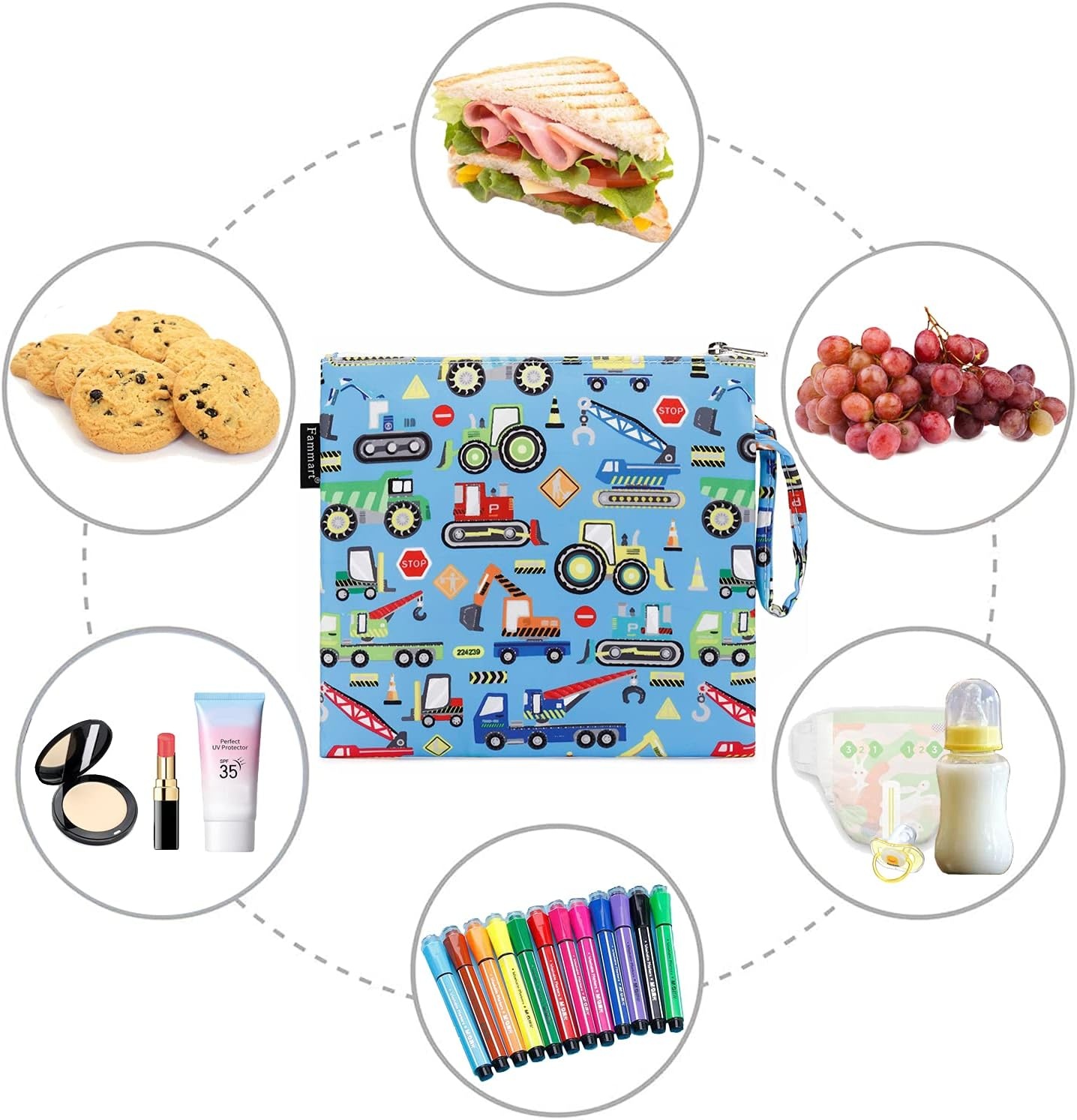 image:imageFammart Reusable Sandwich BagSnack Bag for Kids amp Adults Dual Layer Lunch Bag with Handle Washable Food Safe BPA Free 1Pack CarLarge 1 Pack Car