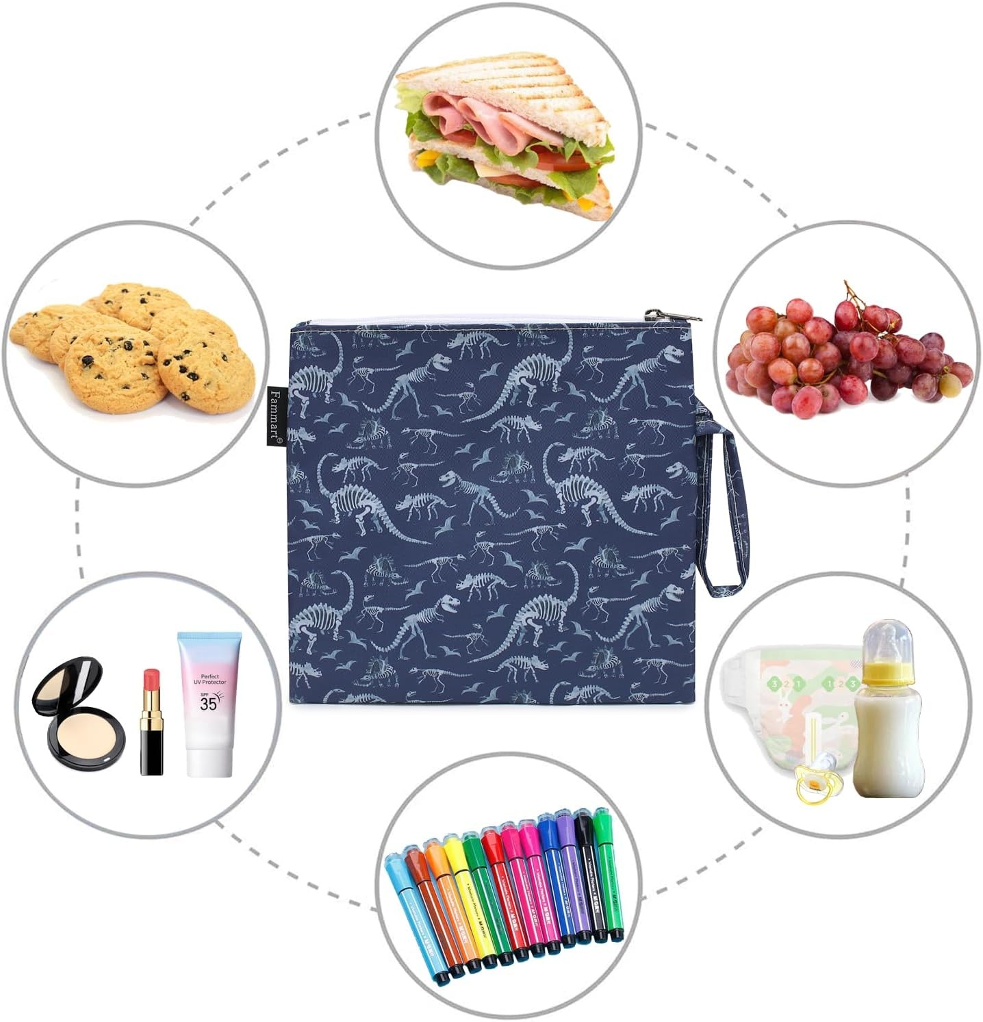 image:imageFammart Reusable Sandwich BagSnack Bag for Kids amp Adults Dual Layer Lunch Bag with Handle Washable Food Safe BPA Free 1Pack CarLarge 1 Pack Dinosaur Fossil