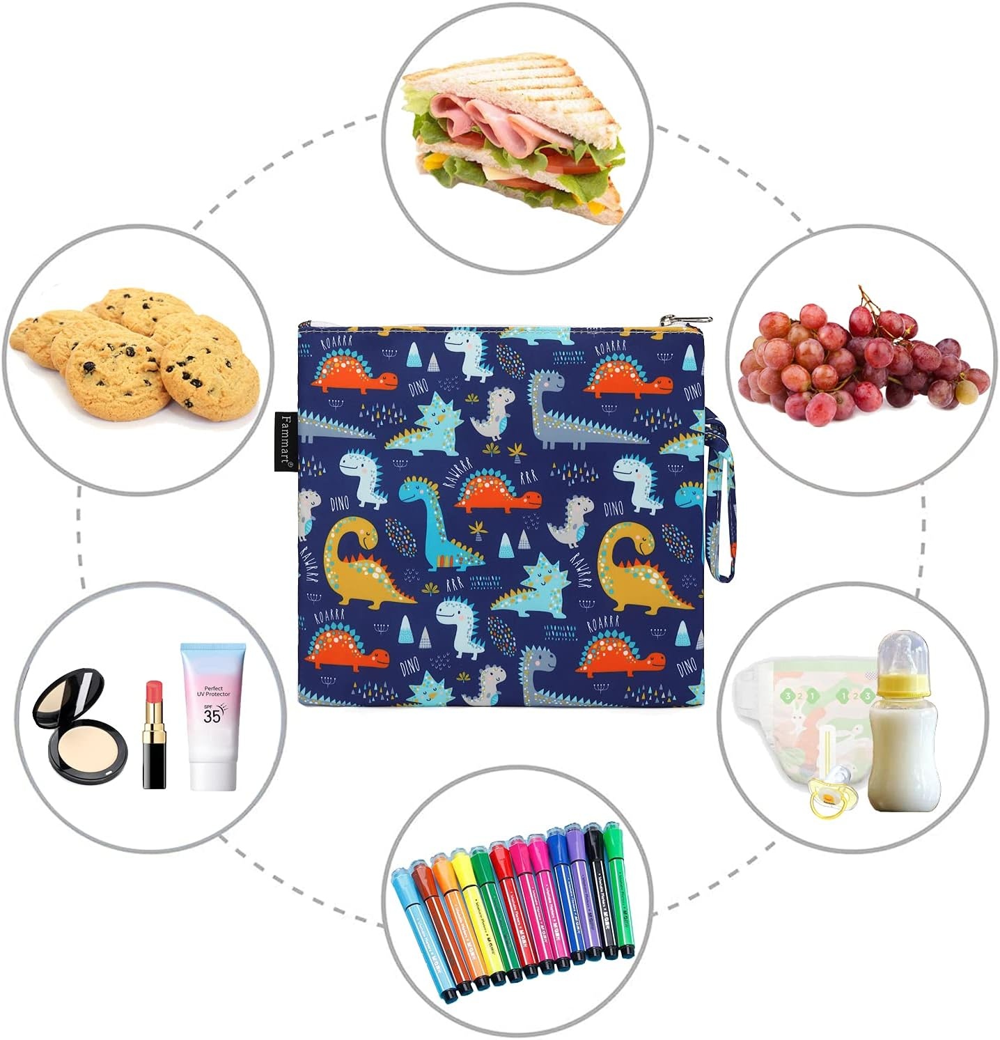 image:imageFammart Reusable Sandwich BagSnack Bag for Kids amp Adults Dual Layer Lunch Bag with Handle Washable Food Safe BPA Free 1Pack CarLarge 1 Pack Dinosaur
