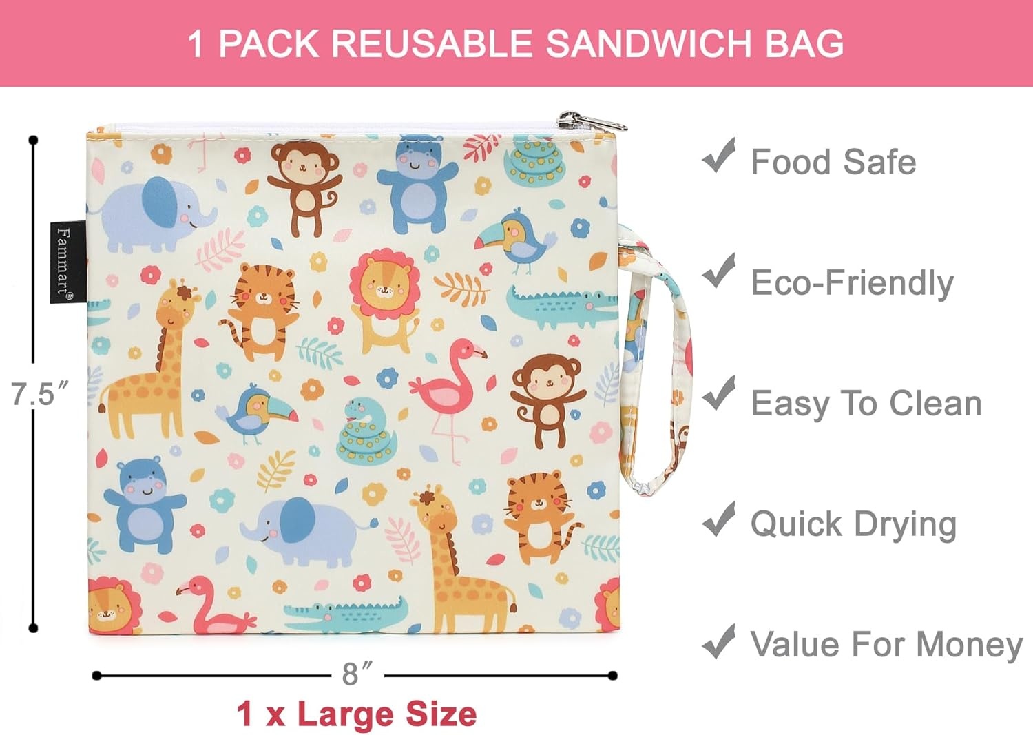 image:imageFammart Reusable Sandwich BagSnack Bag for Kids amp Adults Dual Layer Lunch Bag with Handle Washable Food Safe BPA Free 1Pack CarLarge 1 Pack Zoo