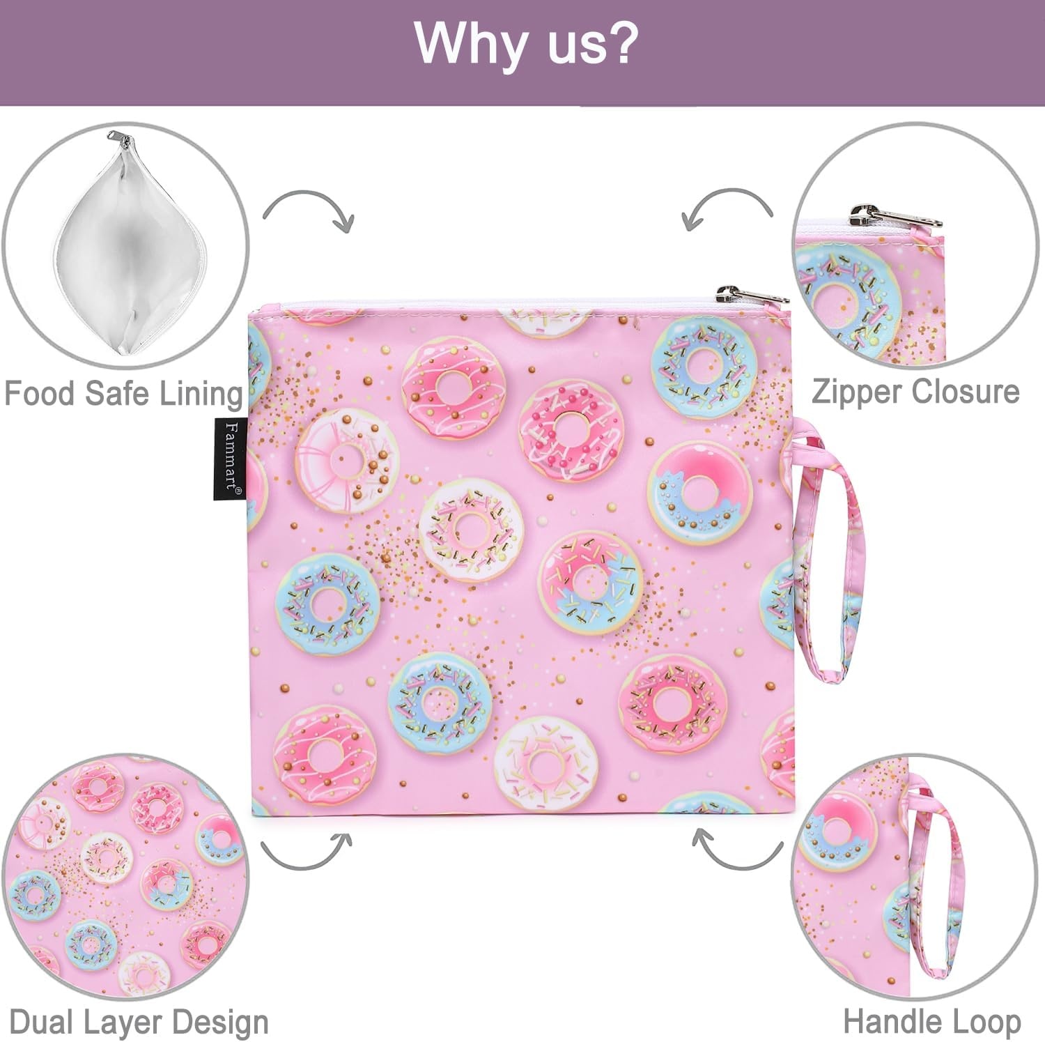 image:imageFammart Reusable Sandwich BagSnack Bag for Kids amp Adults Dual Layer Lunch Bag with Handle Washable Food Safe BPA Free 1Pack CarLarge 2 Packs Colorful Donut