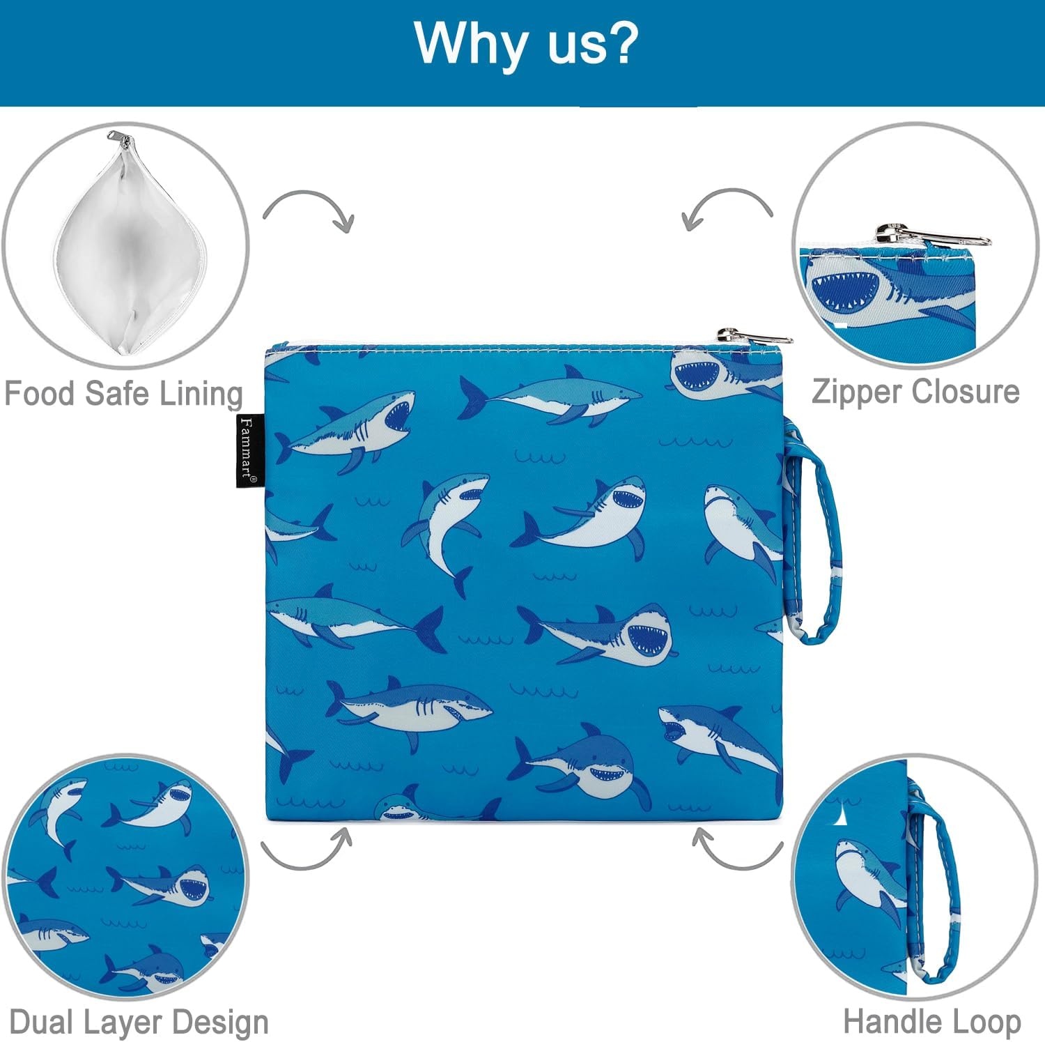 image:imageFammart Reusable Sandwich BagSnack Bag for Kids amp Adults Dual Layer Lunch Bag with Handle Washable Food Safe BPA Free 1Pack CarLarge 2 Packs Shark