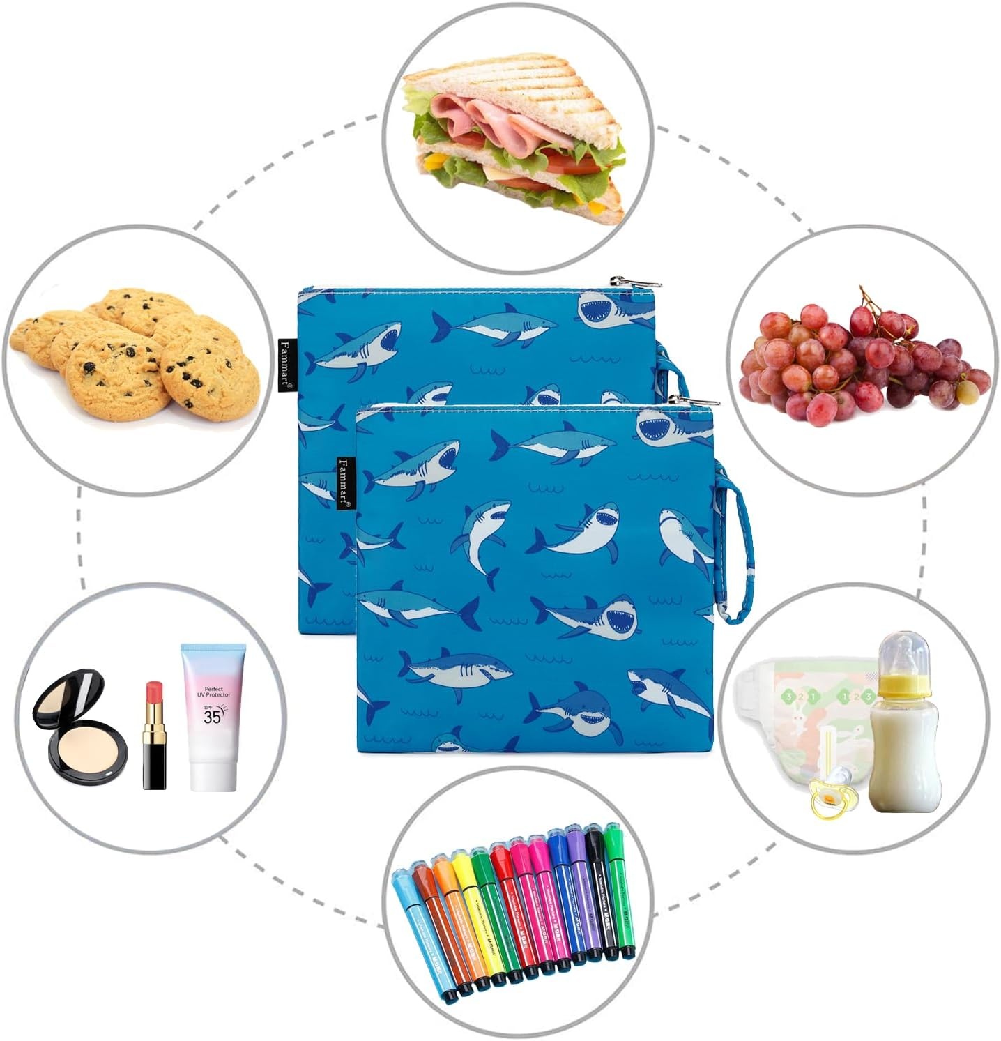 image:imageFammart Reusable Sandwich BagSnack Bag for Kids amp Adults Dual Layer Lunch Bag with Handle Washable Food Safe BPA Free 1Pack CarLarge 2 Packs Shark