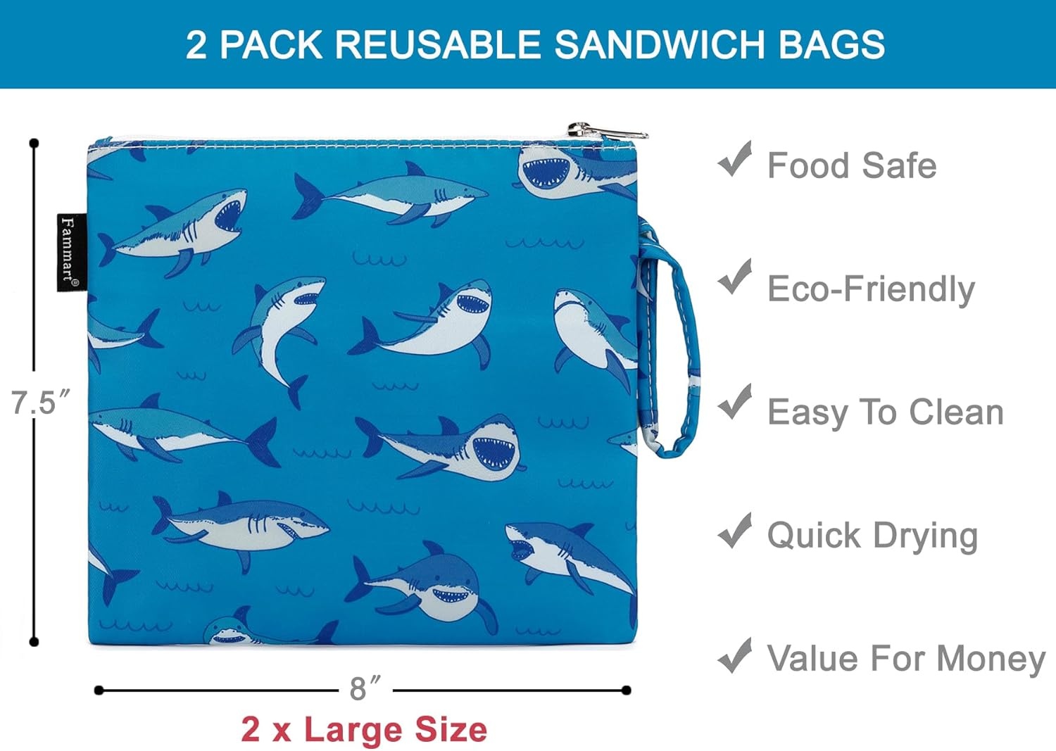 image:imageFammart Reusable Sandwich BagSnack Bag for Kids amp Adults Dual Layer Lunch Bag with Handle Washable Food Safe BPA Free 1Pack CarLarge 2 Packs Shark