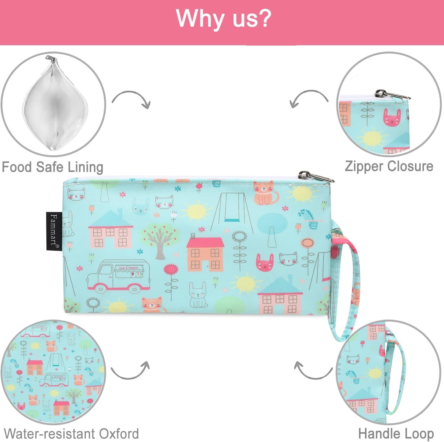 image:imageFammart Reusable Sandwich BagSnack Bag for Kids amp Adults Dual Layer Lunch Bag with Handle Washable Food Safe BPA Free 1Pack CarSmall 2 Packs Colorful Cat