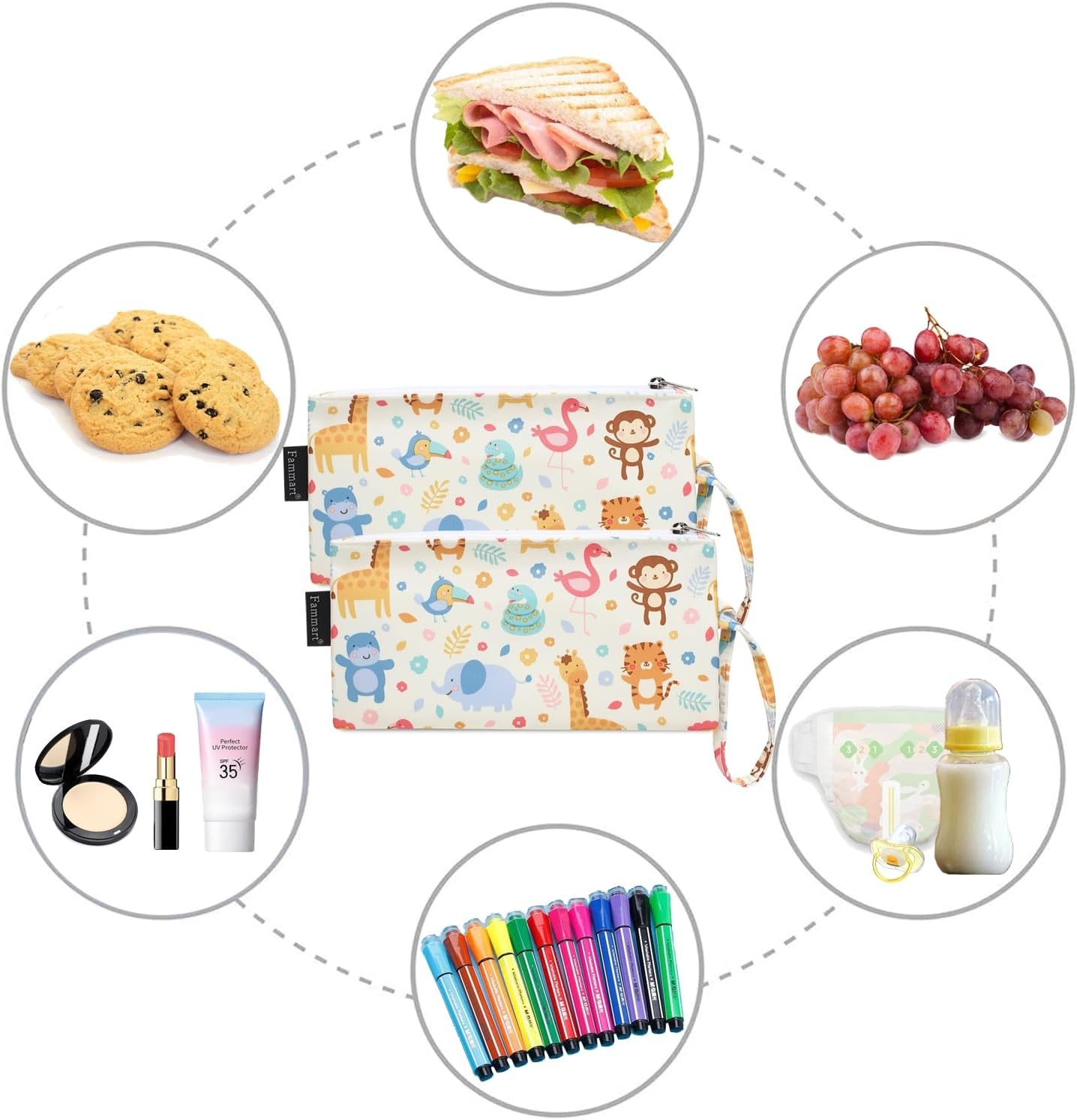 image:imageFammart Reusable Sandwich BagSnack Bag for Kids amp Adults Dual Layer Lunch Bag with Handle Washable Food Safe BPA Free 1Pack CarSmall 2 Packs Zoo