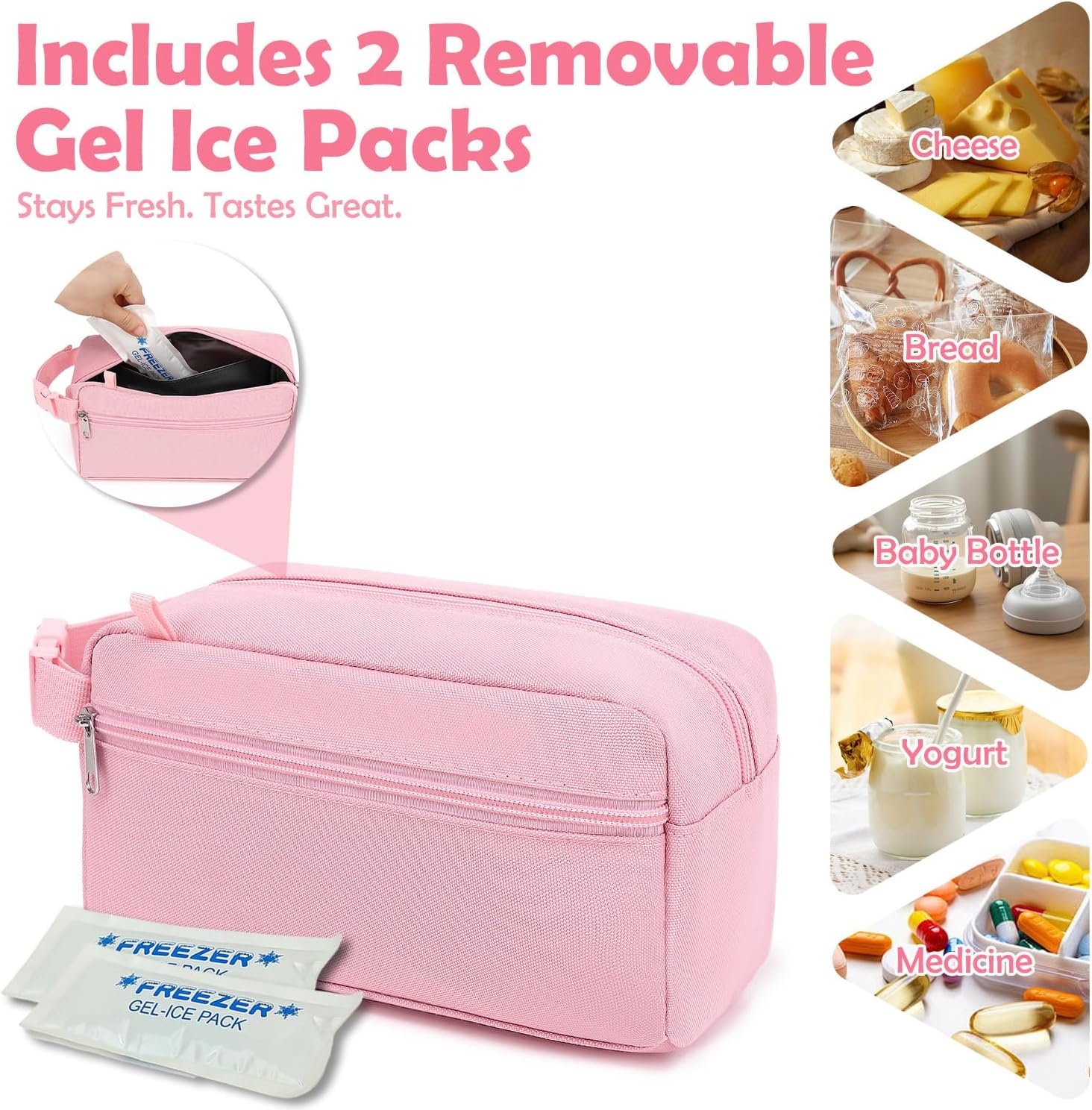 image:imageFammart Reusable Sandwich BagSnack Bag for Kids amp Adults Dual Layer Lunch Bag with Handle Washable Food Safe BPA Free 1Pack Carwith Ice Packs Pink