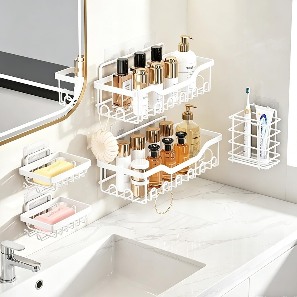 image:imageFammart Adhesive Shower Caddy 5Pack Rustproof Stainless Steel Bathroom Organizer with 28 Hooks NoDrill Large Capacity Shower Shelves for Bathroom Storage amp Home Dcor Black5Pack Stainless Steel White