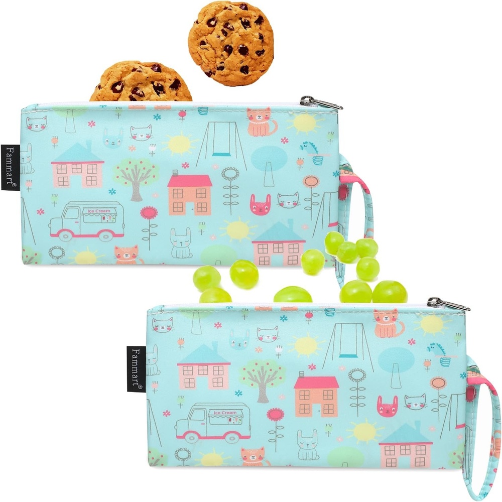 image:imageFammart Reusable Sandwich BagSnack Bag for Kids amp Adults Dual Layer Lunch Bag with Handle Washable Food Safe BPA Free 1Pack CarSmall 2 Packs Colorful Cat