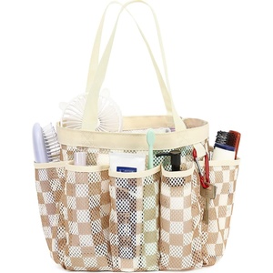 image:imageFammart Mesh Shower Caddy Portable for College Dorm Room Essentials Odorless Polyester Large Shower Tote Bag with Dual Handles 8Pocket QuickDry Toiletry Organizer for Travel Beach Camping GymMultiple Pockets  Khaki Checkered