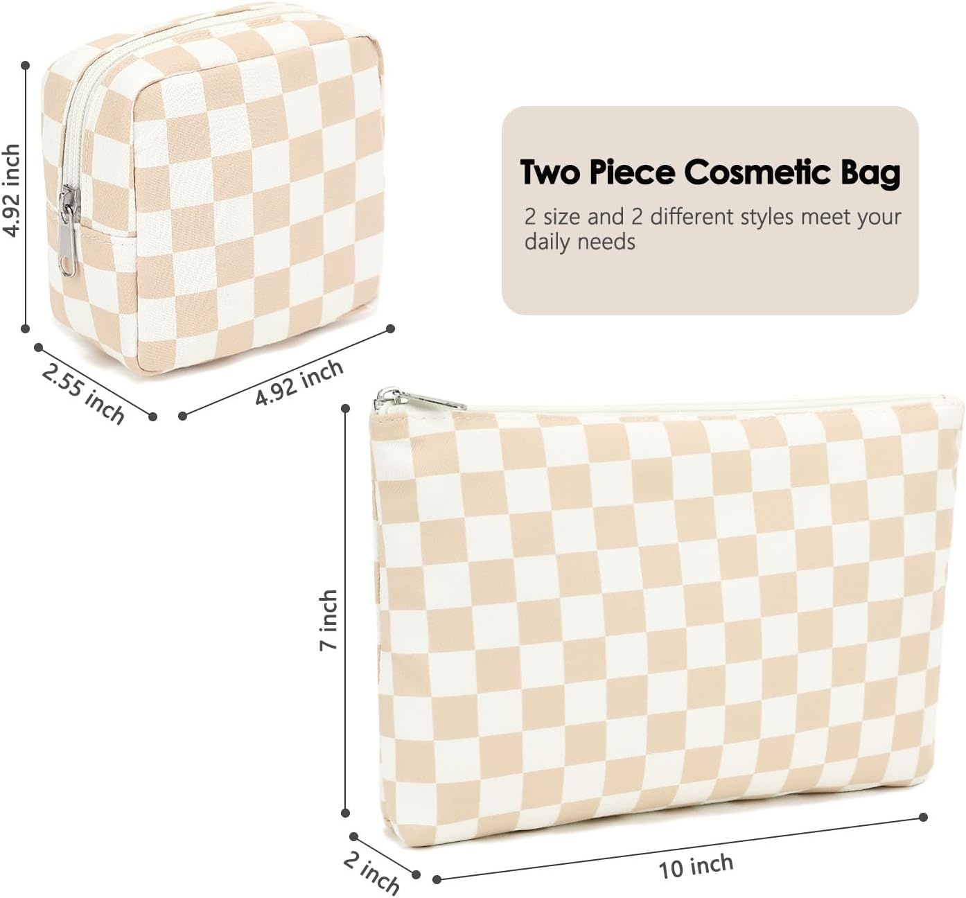 image:imageFammart Checkered Makeup Bag Travel Cosmetic Bag Organizer Toiletry Bag Make Up Bags with Zipper amp Compartments for Women GirlsCheckered 2PCS Khaki