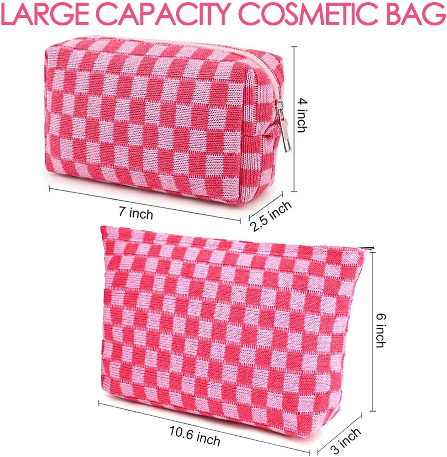 image:imageFammart Checkered Makeup Bag Travel Cosmetic Bag Organizer Toiletry Bag Make Up Bags with Zipper amp Compartments for Women GirlsCheckered 2PCS Rose Red
