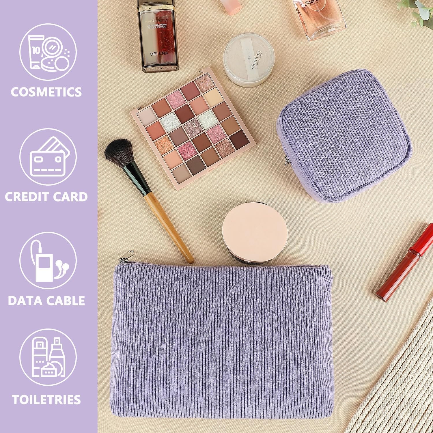 image:imageFammart Checkered Makeup Bag Travel Cosmetic Bag Organizer Toiletry Bag Make Up Bags with Zipper amp Compartments for Women GirlsCorduroy 2PCS Purple