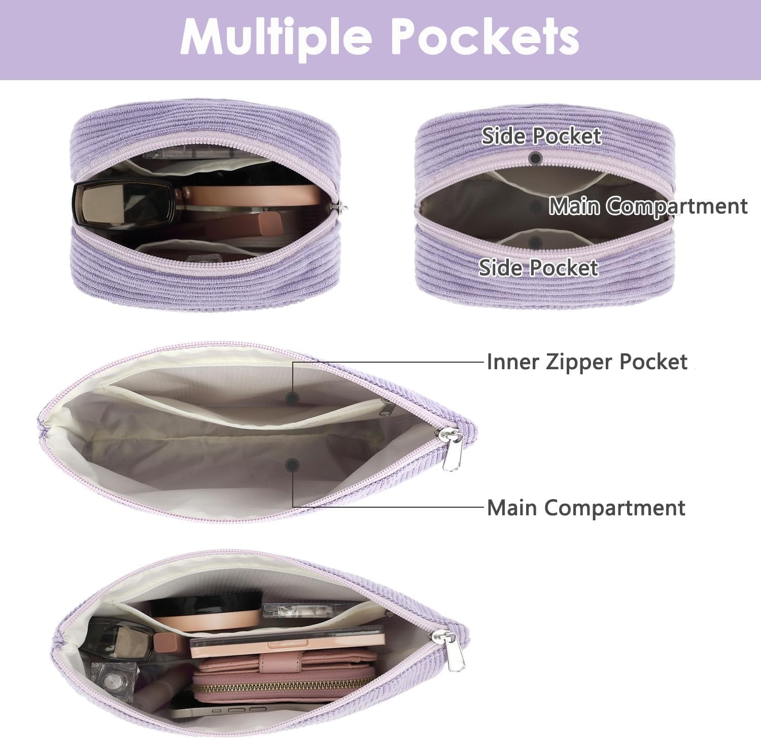 image:imageFammart Checkered Makeup Bag Travel Cosmetic Bag Organizer Toiletry Bag Make Up Bags with Zipper amp Compartments for Women GirlsCorduroy 2PCS Purple