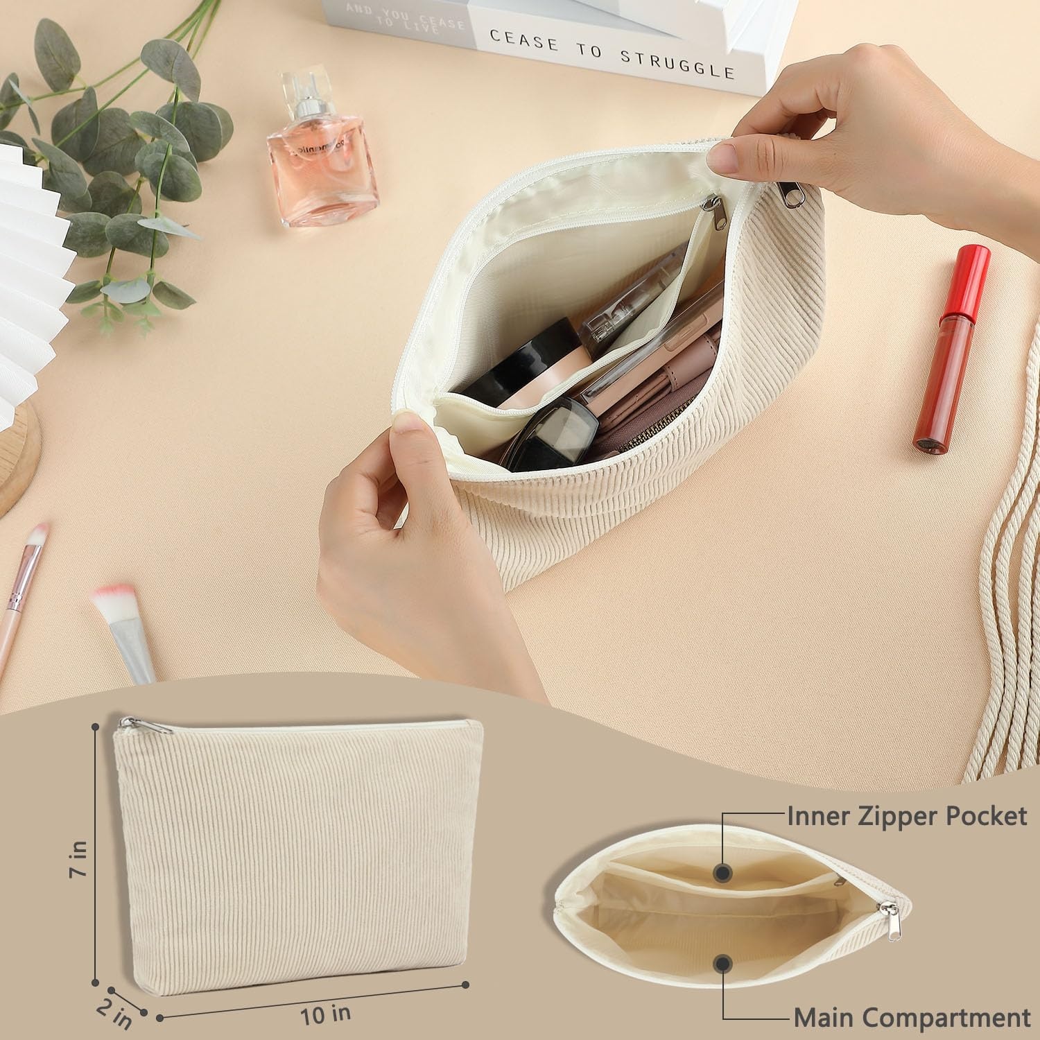 image:imageFammart Checkered Makeup Bag Travel Cosmetic Bag Organizer Toiletry Bag Make Up Bags with Zipper amp Compartments for Women GirlsCorduroy Beige