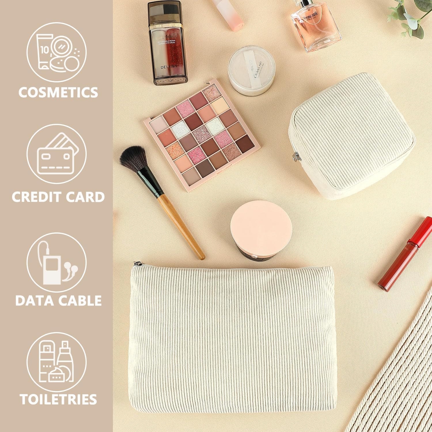 image:imageFammart Checkered Makeup Bag Travel Cosmetic Bag Organizer Toiletry Bag Make Up Bags with Zipper amp Compartments for Women GirlsCorduroy Beige