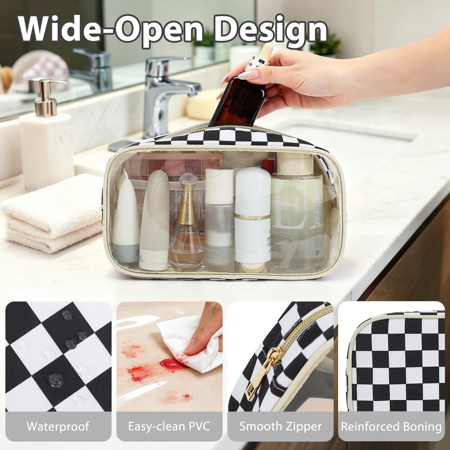 image:imageFammart Clear Travel Makeup Bag for Women TSA Approved Checkered Cosmetic Bag Make Up Car Organizer Case with Zipper Large Waterproof Pouch Purse Toiletry Bag for Skincare Brushes Travel EssentialsCheckered 2PCS Black