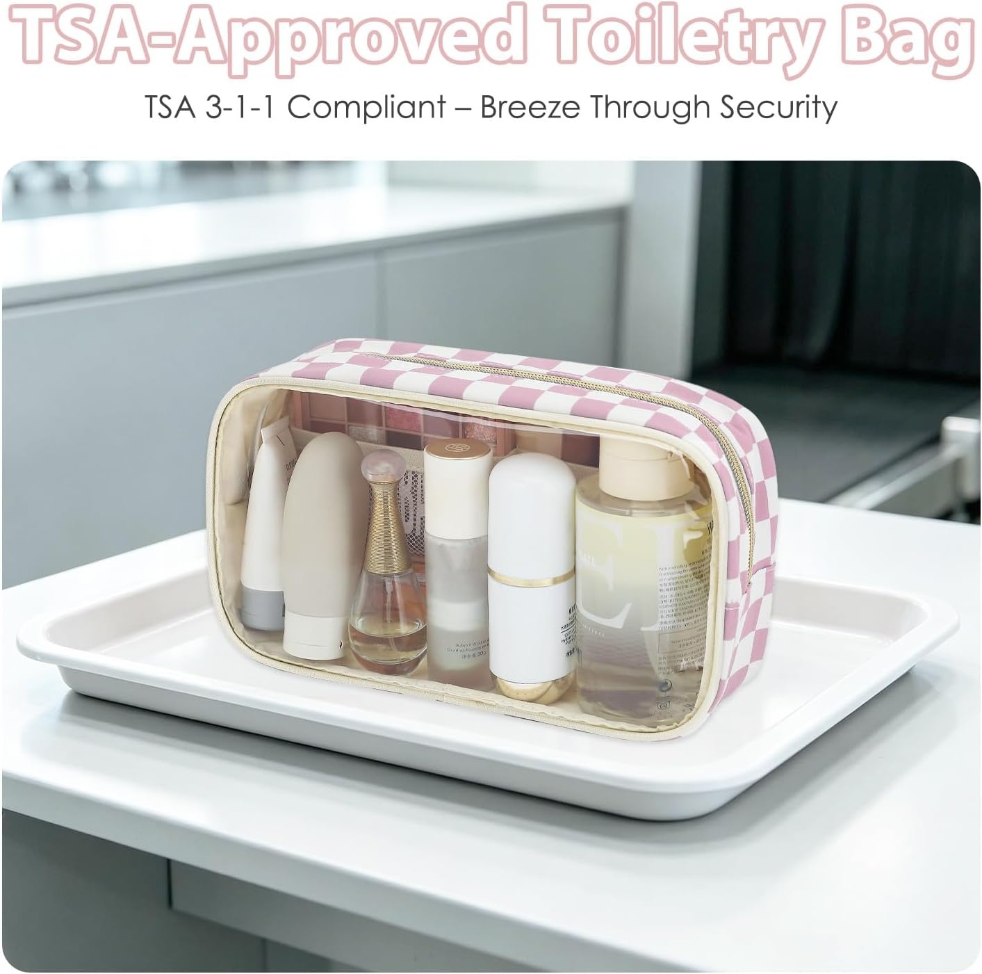 image:imageFammart Clear Travel Makeup Bag for Women TSA Approved Checkered Cosmetic Bag Make Up Car Organizer Case with Zipper Large Waterproof Pouch Purse Toiletry Bag for Skincare Brushes Travel EssentialsCheckered 2PCS Dusty Rose