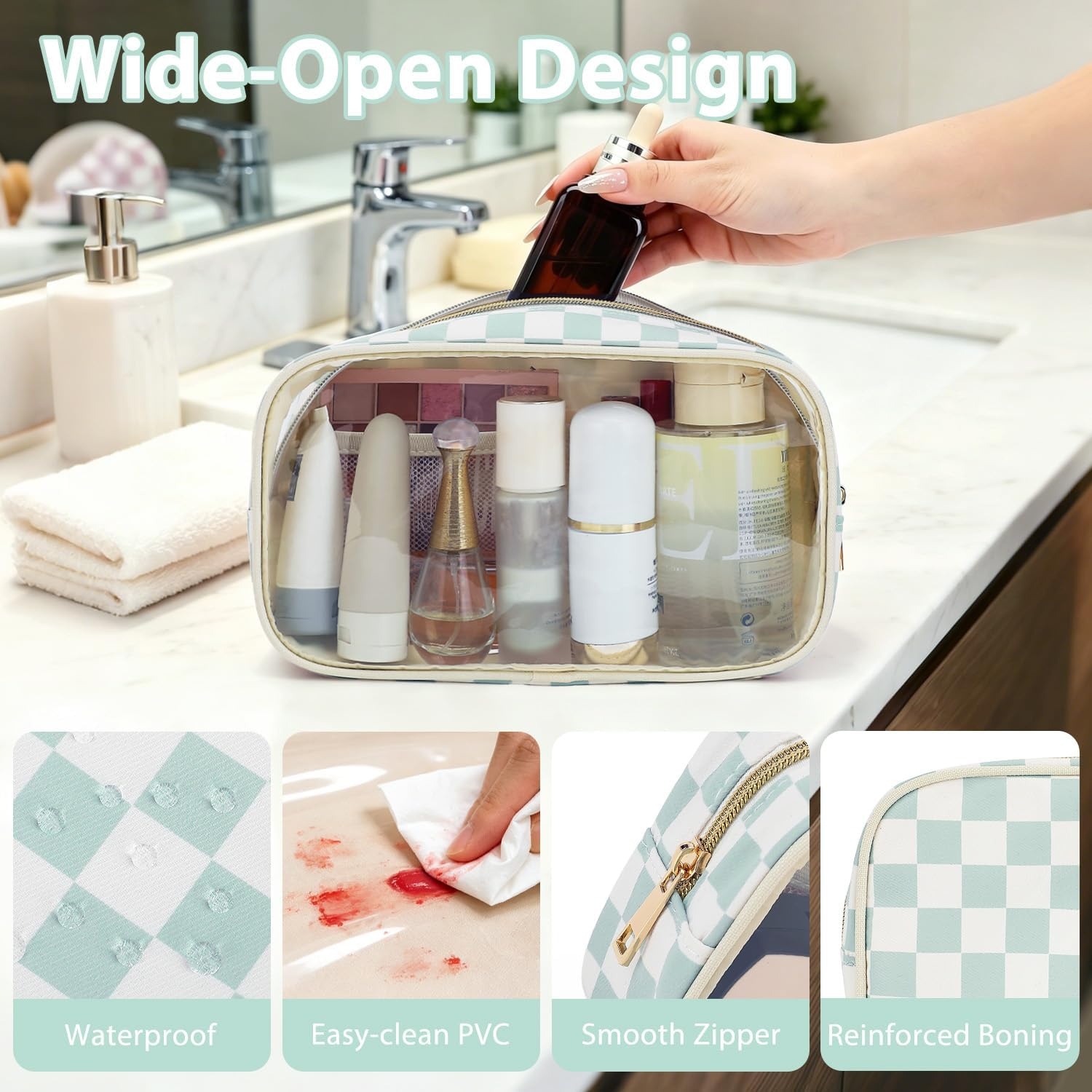 image:imageFammart Clear Travel Makeup Bag for Women TSA Approved Checkered Cosmetic Bag Make Up Car Organizer Case with Zipper Large Waterproof Pouch Purse Toiletry Bag for Skincare Brushes Travel EssentialsCheckered 2PCS Green